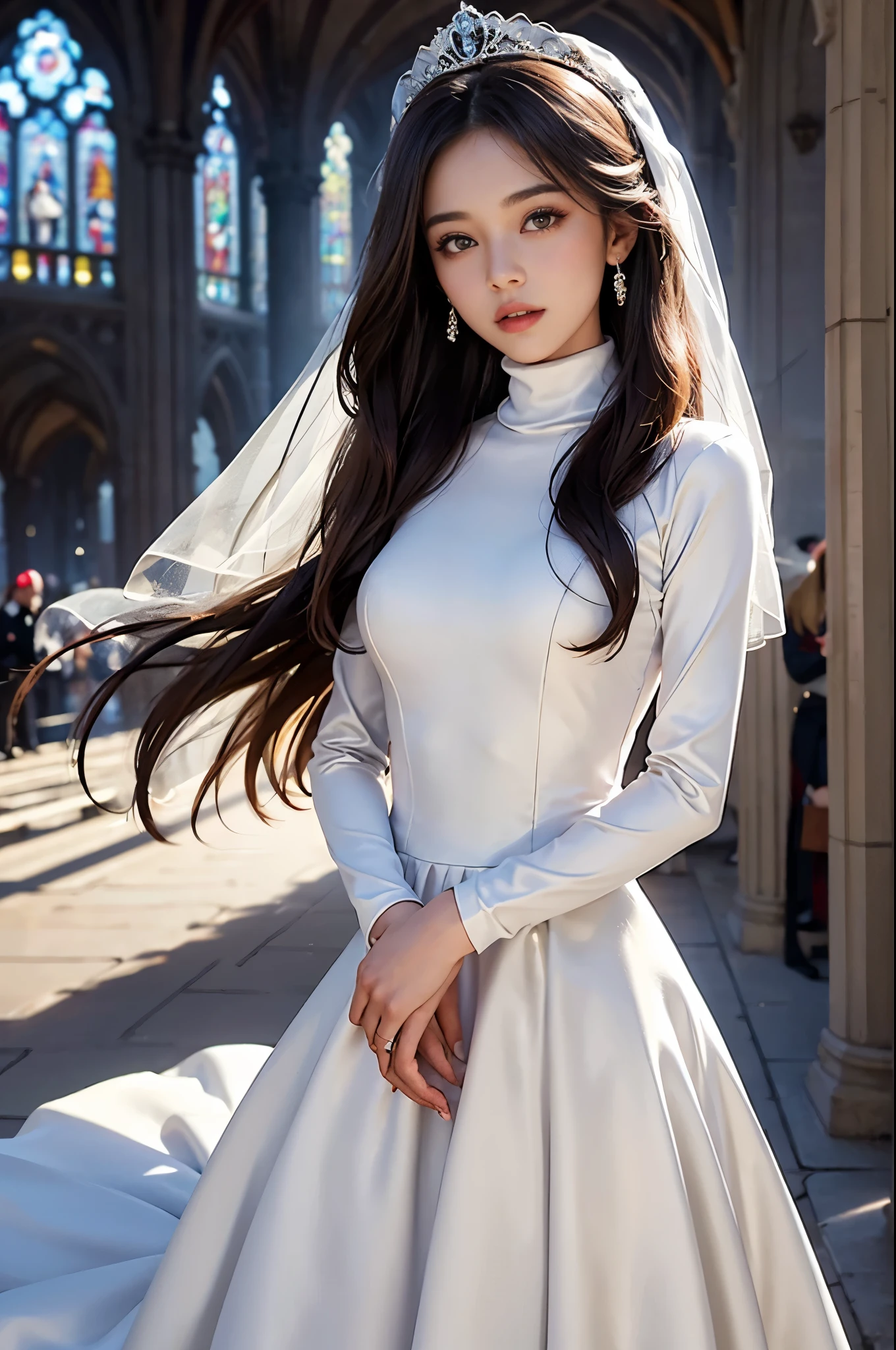 best quality, masterpiece, 1 girl, (yak), cute teen, shiny lips, sweet, sun glare, Conservative attire, turtleneck wedding dress, bridal tiara, depth of field, blurred background, Cathedral Background, light particles, strong wind, head tilt, long hair, 