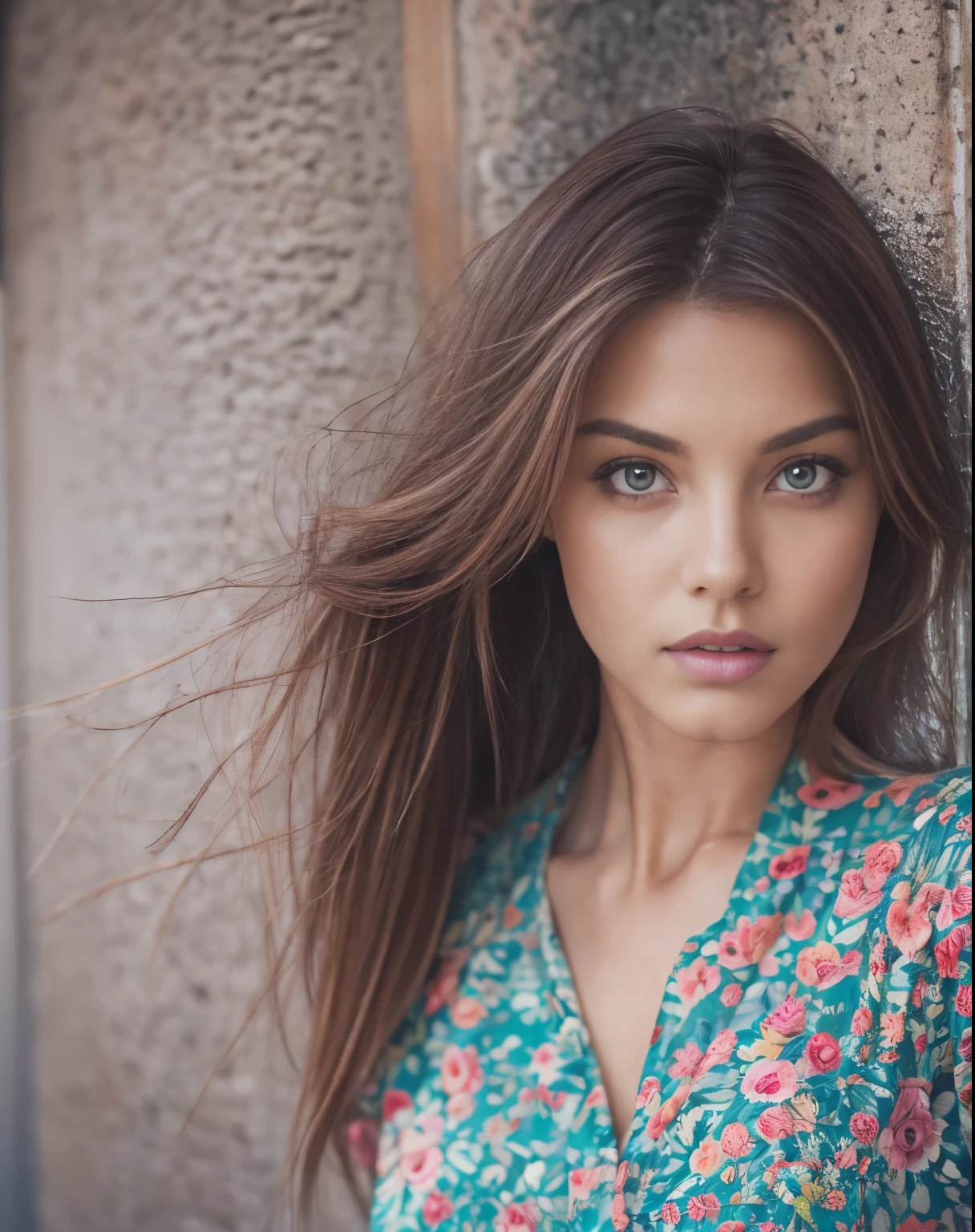 Picture of a French woman. Fit face. 22 years old, Sharp chin, photography, raw photo, masterpiece, extremely detailed photo, DSLR, photorealistic 1.4, ultra hi res, best quality, full body picture, tall, toned, busty, brown hair, shoulder length hair, pink lips, blue eyes, pale skin