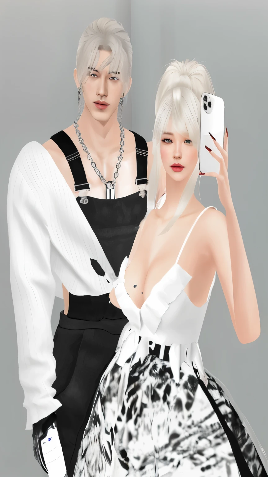 there is a woman that is holding a cell phone in her hand, couple pose, imvu, inspired by Wang Duo, white dress!! of silver hair, white and black, secondlife, very aesthetic!!!!!!, & jeehyung lee & wlop, # rococo, full body!! maximalist details, white and black clothing, inspired by Josef Abel