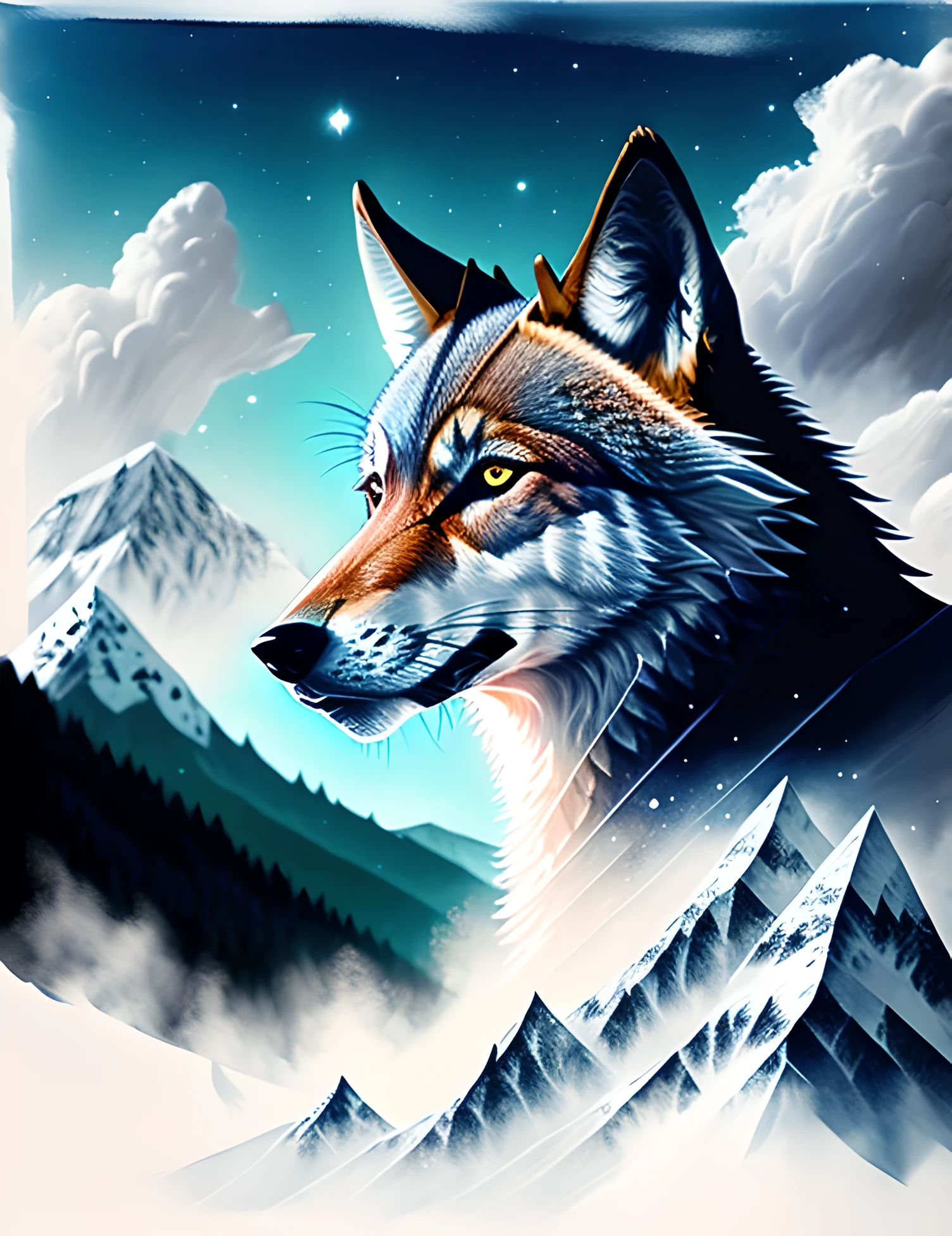 Double exposure of a wolf and a mountain., paisajes naturales, acuarela