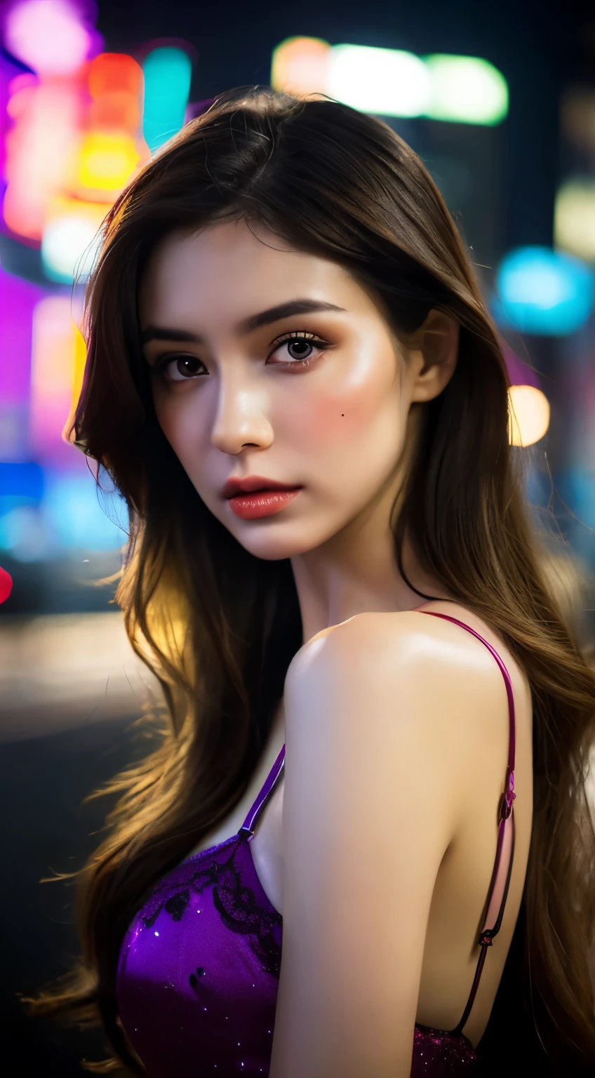 upscale,full face portrait photo of a 25-year-old European girl, born, Beautiful woman, half-open strawberry lips, dimple, sad expression, (super long wavy brown hair), ((be familiar with face)), ((be familiar with facial features)), (finely be familiar with skin), pale skin, (deep neckline be familiar with high-tech cyberpunk dress), Cyberpunk megacity environment, (cool colors), Moist, Moist, reflection, (masterpiece) (perfect proportions)(realistic pictures)(最high quality) (be familiar with) Photographed with Canon EOS R5, 50MM lens, f/2.8, HDR, (8K) (wallpaper) (cinematic lighting) (dramatic lighting) (sharp focus) (Complex), born photo, born photo, Gigachado Photos, pose for the camera, black silk lingerie, back arm, 8K uhd, Digital single-lens reflex camera, high quality, grain film, fujifilm XT3