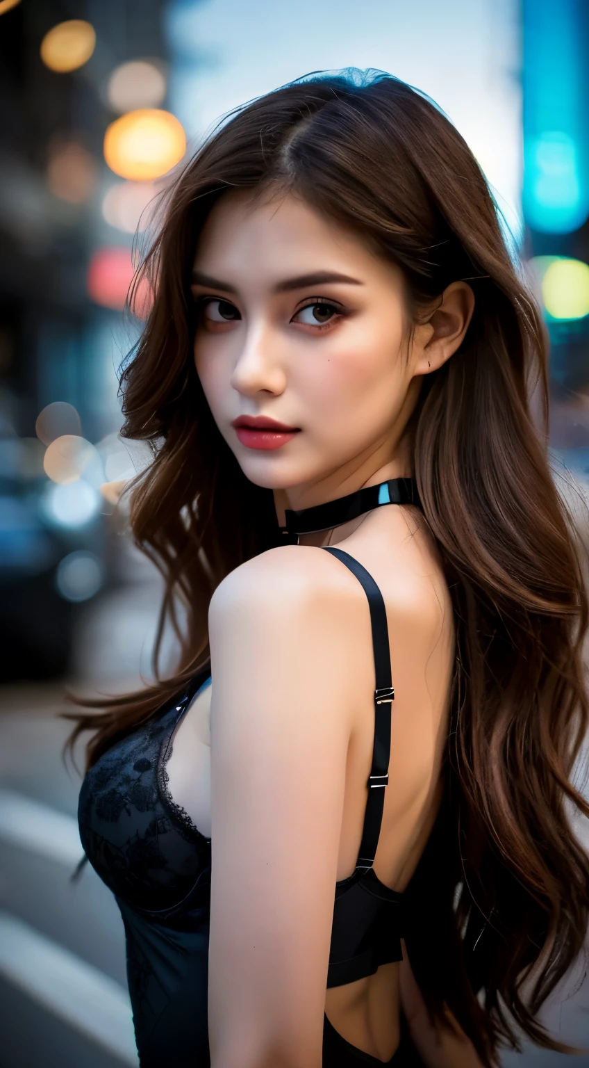 photograph, masterpiece, highest quality, (Long Hair:1.2),Leaning forward、Cleavage、 Bright eyes with attention to detail, Heavy eye makeup, mascara, Detailed Hair, Big Breasts, Cleavage, (detailed skin and pores:1.2),Slim waist, Bokeh, Depth of written boundary, Lighting, , (play of light :1.2), Super detailed, Sexy mini dresses,Full body hip-raising pose , Pose 1.4. To the camera , Various shot angles