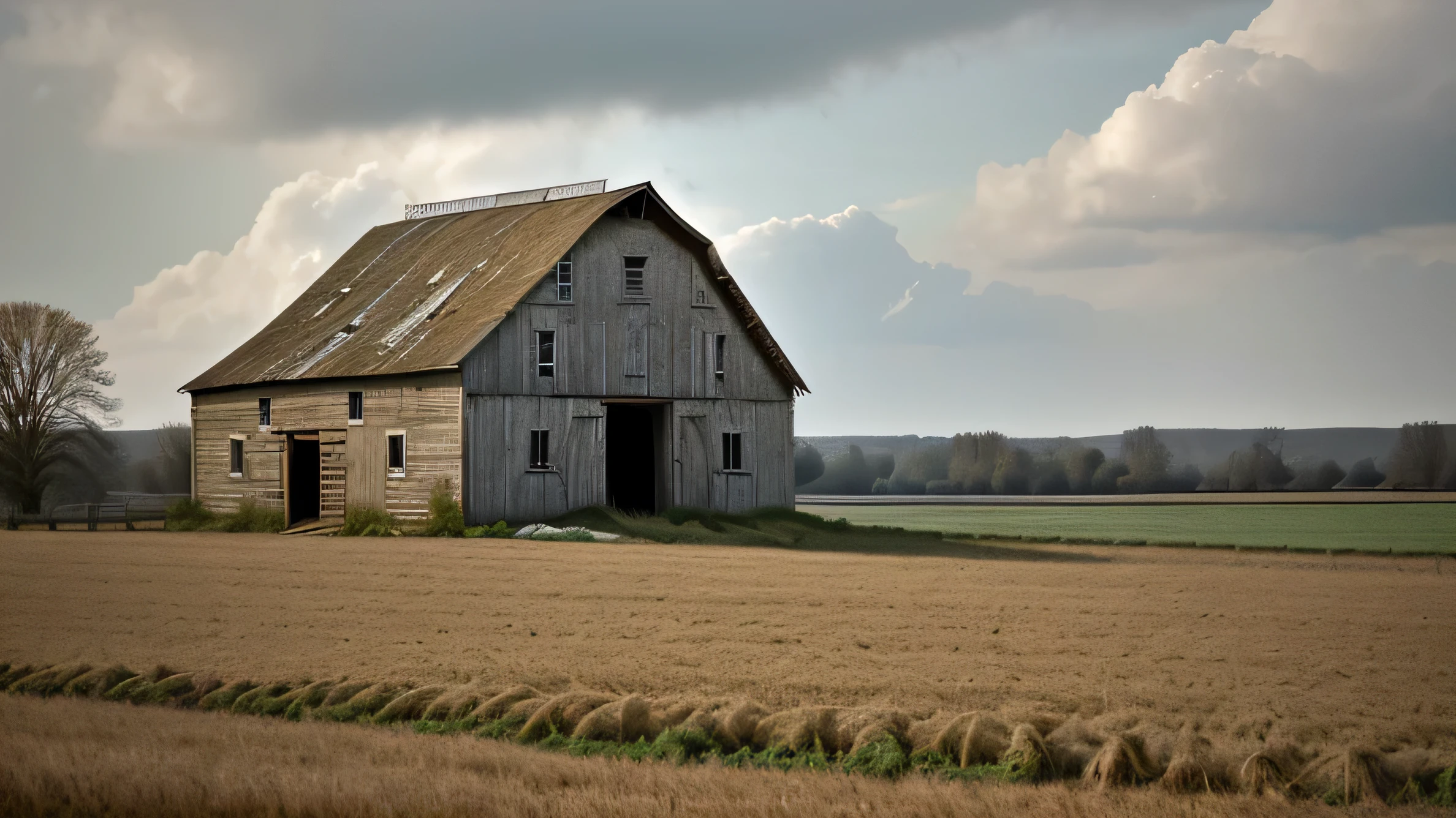 andrew wythe style, close up of old delapidated barn in a field
