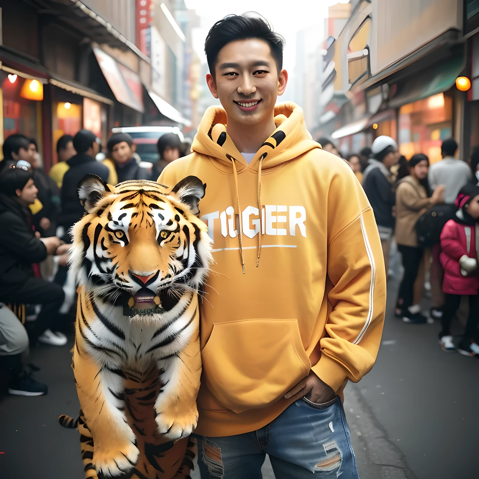 there is a man holding a tiger in a crowded street, tiger_beast, tiger, 🦩🪐🐞👩🏻🦳, ((tiger)), a tiger, tigers, the tiger is smiling, ross tran and bayard wu, wearing a yellow hoodie, tiger head, south korean male, street wear, half tiger, hypebeast, tiger face