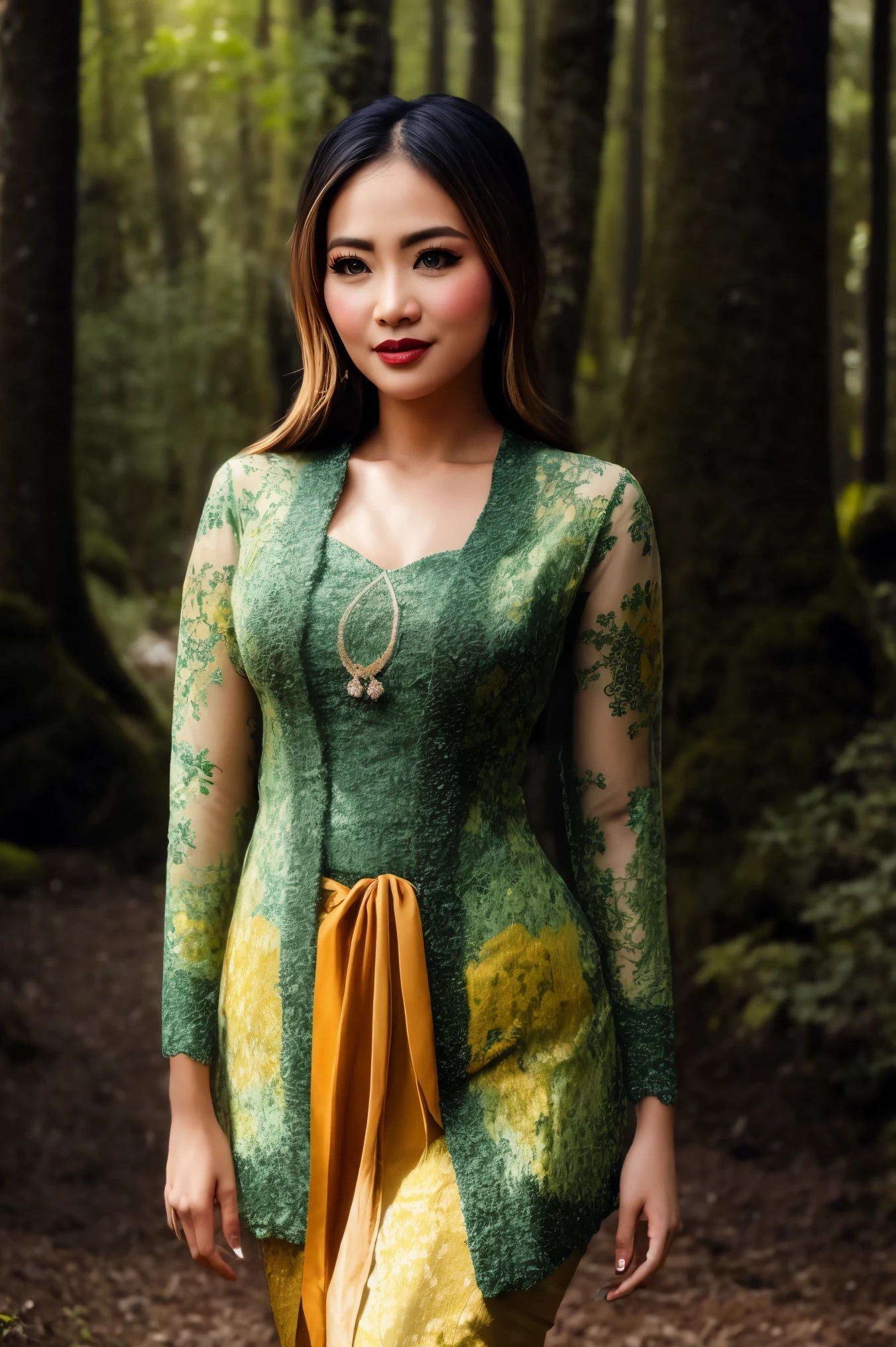 Create a photorealistic masterpiece of a beautiful woman with long hair wearing traditional Indonesian kebaya attire. Set her against a dark, forest backdrop with a captivating glow in the background and bokeh effect. Ensure the image quality is 8K with ultra-realistic details.,kebaya,kebaya indonesia