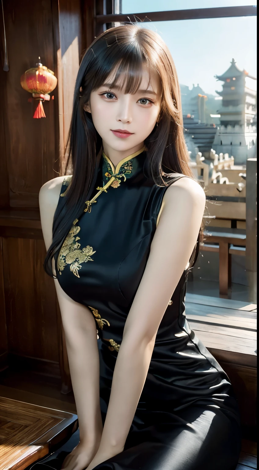 (8K, Raw photo, highest quality, table top:1.2), (realistic, Photoreal:1.37),1 girl, professional lighting, photon mapping, radio city, Raw photo、(Photoreal:1.4)、octane rendering、Ultra-detailed complex 3D renderings, soft light in the studio, rim light, vivid details, super detail, realistic skin texture, Surface details, Beautiful eyes in every detail, Highly detailed CG Unity 16k wallpaper, compensate, (detailed background:1.2),Huge 、highest quality, 超A high resolution, table top, 1 girl, woman, teen, black hair, smile gently, outdoor, (realistic:1.4) , looking at the viewer, ((China dress:1.5)), cute face with slit, temple, (upon:0.1), Self snap, good, dramatic lighting, (natural skin texture, hyper realism, soft light, sharp),temple院