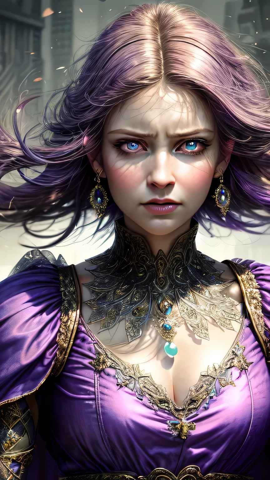 The bright eyes of a very beautiful princess, Portrait of a 35 year old mature woman, serious expression, rage, Super realistic, Super detailed, Dynamic facial expressions, big natural breasts, pastel purple dress, detailed and beautiful eyes,beautiful detailed lips,highly detailed eyes and face,long eyelashes, detailed face, masterpiece, 最high quality, high quality, High resolution,