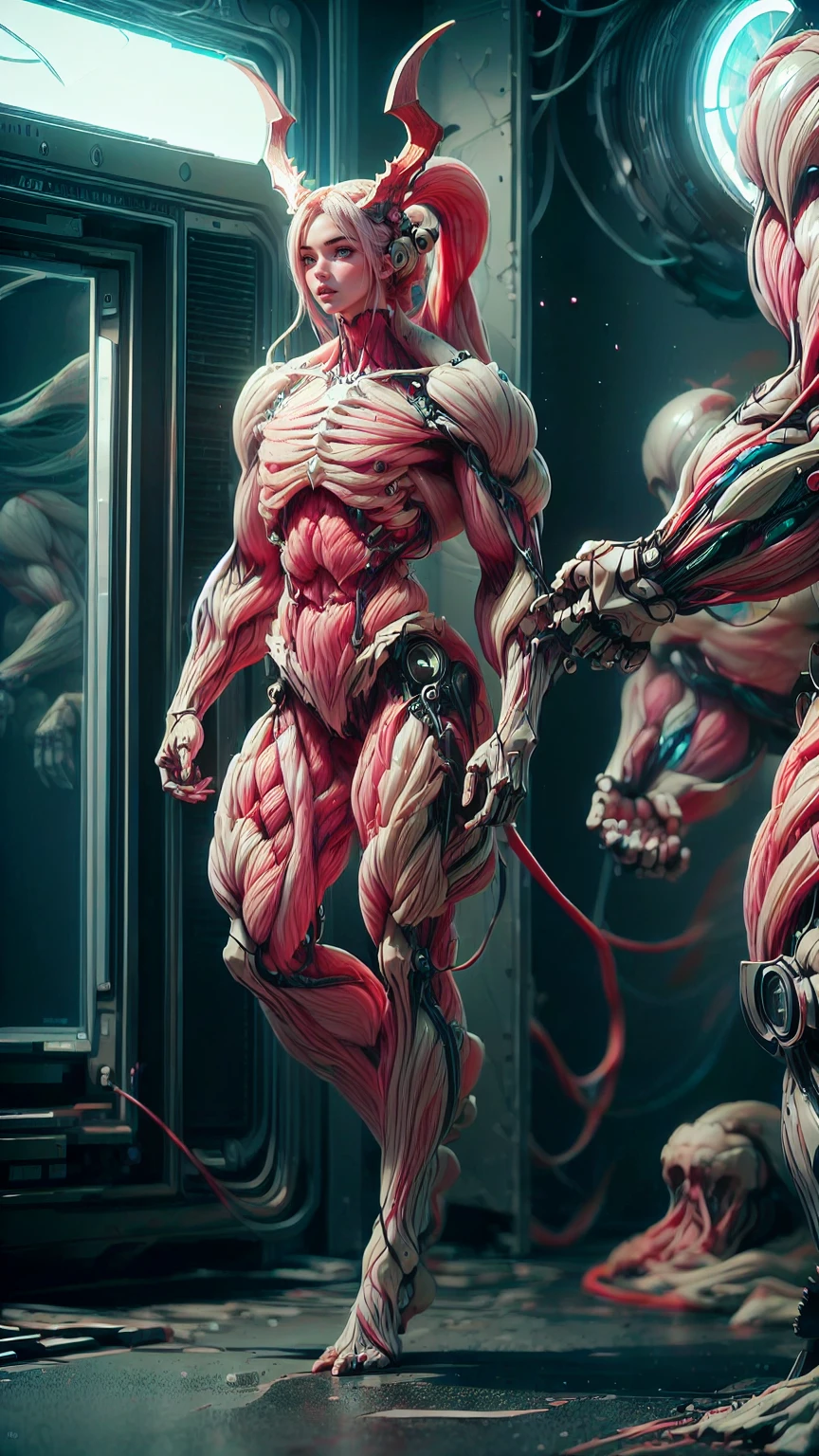 Cinematic, clear facial features and insanely detailed, the image captures the essence of (1 girl), (megan fox:1.25), (long red hair), (carnage skinless bio-mecha:1.25), (1 super muscular undead skinless succubus with gigantic horns:1.25), (covered in red necrotic skinless bio-mecha muscle:1.25), (exposed muscles & veins everywhere:1.25), (perfect fingers:1.25) (full body pose:1.25). The color grading is beautifully done, enhancing the overall cinematic feel. Unreal Engine makes her appearance even more mesmerizing. With depth of field (DOF), every detail is focused and accentuated, drawing attention to her eyes and hair. Peak image resolution utilizing super-resolution technology ensures pixel perfection. Cinematic lighting enhances her aura, while anti-aliasing techniques like FXAA and TXAA keep the edges smooth and clean. Adding realism to the muscular bio-mecha succubus , RTX technology enables ray tracing. Additionally, SSAO (Screen Space Ambient Occlusion) gives depth and realism to the scene, the girl's presence even more convincing. In the post-processing and post-production stages, tone mapping enhances the colors, creating a captivating visual experience. The integration of CGI (Computer-Generated Imagery) and VFX (Visual Effects brings out her demonic features seamlessly . Incredible level of detail, with intricate elements meticulously crafted, the artwork hyper maximalist and hyper-realistic. Volumetric effects add depth and dimension, with unparalleled photorealism. 8k resolution rendering ensures super detailed visuals. The volumetric lighting adds a touch of magic, highlighting her beauty and aura in an otherworldly way. High Dynamic Range (HDR) tech makes the colors pop, adding richness to the overall composition. Ultimately, this artwork presents an unreal, yet stunningly real portrayal of an incredibly beautiful bio-mecha succubus girl. The sharp focus ensures that every feature is crisply defined, creating a captivating presence. (girl face:1.45)