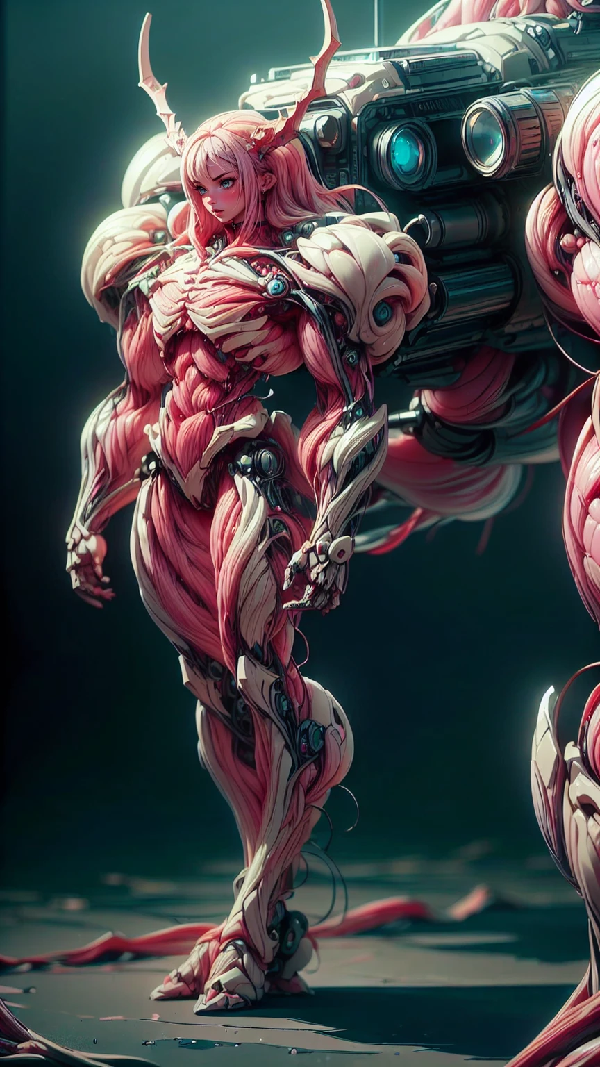 Cinematic, clear facial features and insanely detailed, the image captures the essence of (1 girl), (megan fox:1.25), (long red hair), (carnage skinless bio-mecha:1.25), (1 super muscular undead skinless succubus with gigantic horns:1.25), (covered in red necrotic skinless bio-mecha muscle:1.25), (exposed muscles & veins everywhere:1.25), (perfect fingers:1.25) (full body pose:1.25). The color grading is beautifully done, enhancing the overall cinematic feel. Unreal Engine makes her appearance even more mesmerizing. With depth of field (DOF), every detail is focused and accentuated, drawing attention to her eyes and hair. Peak image resolution utilizing super-resolution technology ensures pixel perfection. Cinematic lighting enhances her aura, while anti-aliasing techniques like FXAA and TXAA keep the edges smooth and clean. Adding realism to the muscular bio-mecha succubus , RTX technology enables ray tracing. Additionally, SSAO (Screen Space Ambient Occlusion) gives depth and realism to the scene, the girl's presence even more convincing. In the post-processing and post-production stages, tone mapping enhances the colors, creating a captivating visual experience. The integration of CGI (Computer-Generated Imagery) and VFX (Visual Effects brings out her demonic features seamlessly . Incredible level of detail, with intricate elements meticulously crafted, the artwork hyper maximalist and hyper-realistic. Volumetric effects add depth and dimension, with unparalleled photorealism. 8k resolution rendering ensures super detailed visuals. The volumetric lighting adds a touch of magic, highlighting her beauty and aura in an otherworldly way. High Dynamic Range (HDR) tech makes the colors pop, adding richness to the overall composition. Ultimately, this artwork presents an unreal, yet stunningly real portrayal of an incredibly beautiful bio-mecha succubus girl. The sharp focus ensures that every feature is crisply defined, creating a captivating presence. (girl face:1.45)