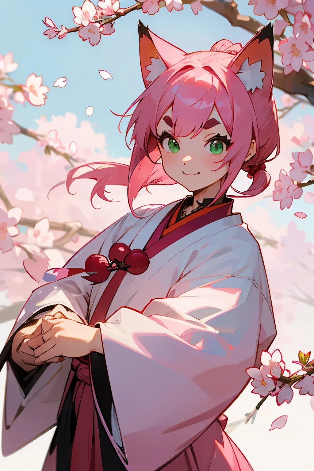 A costume that looks like a mix of Chinese and Japanese styles、pink hair、green eyes、short and thick eyebrows、short bangs、Hair tied in two knots at the bottom、whole body、facing forward、anime、comics、An illustration、cherry blossom hair ornament、pink fox ears、pink fox tail、smile