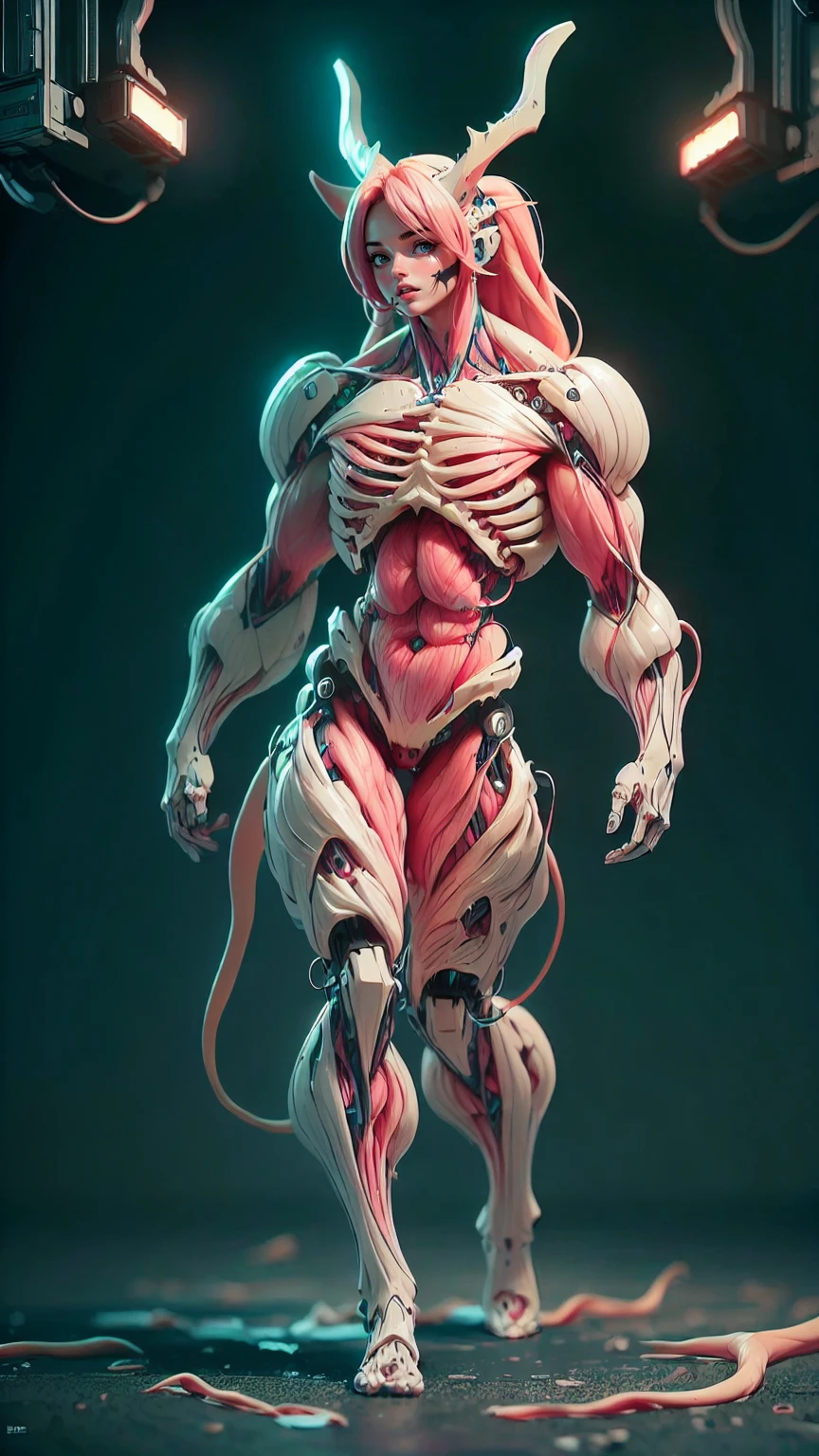 Cinematic, clear facial features and insanely detailed, the image captures the essence of (1 girl), (megan fox:1.25), (long red hair), (carnage skinless bio-mecha:1.25), (1 super muscular undead skinless succubus with gigantic horns:1.25), (covered in red necrotic skinless bio-mecha muscle:1.25), (exposed muscles & veins everywhere:1.25), (perfect fingers:1.25) (full body pose:1.25). The color grading is beautifully done, enhancing the overall cinematic feel. Unreal Engine makes her appearance even more mesmerizing. With depth of field (DOF), every detail is focused and accentuated, drawing attention to her eyes and hair. Peak image resolution utilizing super-resolution technology ensures pixel perfection. Cinematic lighting enhances her aura, while anti-aliasing techniques like FXAA and TXAA keep the edges smooth and clean. Adding realism to the muscular bio-mecha succubus , RTX technology enables ray tracing. Additionally, SSAO (Screen Space Ambient Occlusion) gives depth and realism to the scene, the girl's presence even more convincing. In the post-processing and post-production stages, tone mapping enhances the colors, creating a captivating visual experience. The integration of CGI (Computer-Generated Imagery) and VFX (Visual Effects brings out her demonic features seamlessly . Incredible level of detail, with intricate elements meticulously crafted, the artwork hyper maximalist and hyper-realistic. Volumetric effects add depth and dimension, with unparalleled photorealism. 8k resolution rendering ensures super detailed visuals. The volumetric lighting adds a touch of magic, highlighting her beauty and aura in an otherworldly way. High Dynamic Range (HDR) tech makes the colors pop, adding richness to the overall composition. Ultimately, this artwork presents an unreal, yet stunningly real portrayal of an incredibly beautiful bio-mecha succubus girl. The sharp focus ensures that every feature is crisply defined, creating a captivating presence. (girl face:1.45)