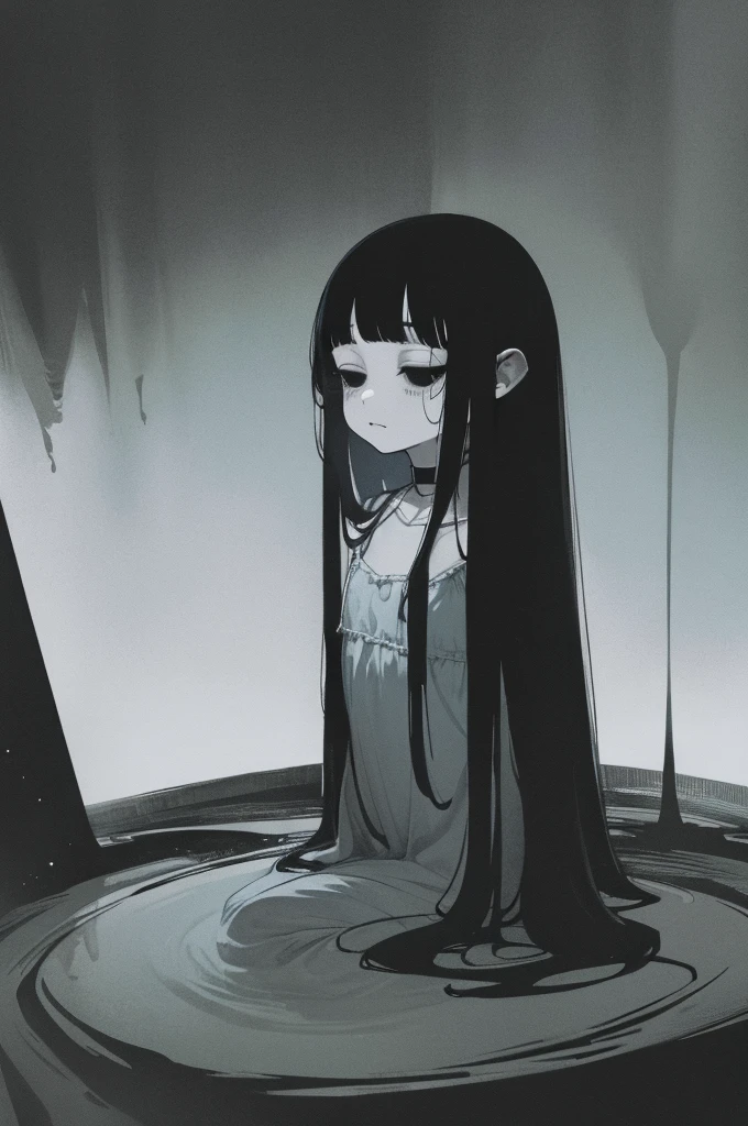 6 year old girl,1girl,,blunt bangs,very long black hair,black eyes,,centipede,,hair over both eyes,,upper body shot,,,,from above,cold,,negligee,ghost girl,,,,,,,upper body shot,,foot,Swamp,,moonlight,blue light,backlight,,contemptuous look,sadistism,,,