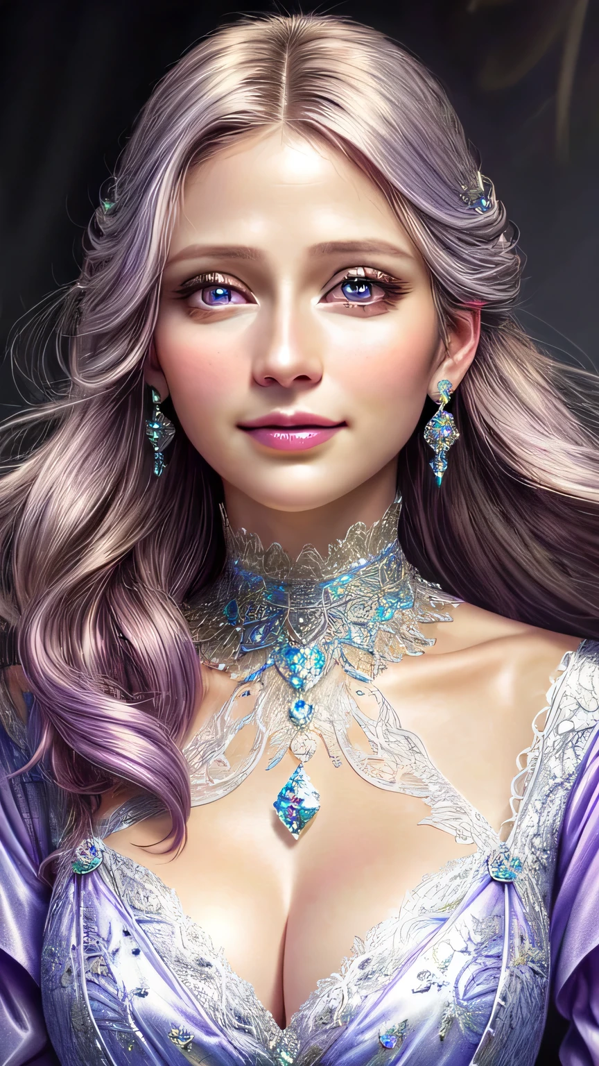 The bright eyes of a very beautiful princess, Portrait of a 35 year old mature woman, serious expression, Super realistic, Super detailed, Dynamic facial expressions, big natural breasts, pastel purple dress, detailed and beautiful eyes,beautiful detailed lips,highly detailed eyes and face,long eyelashes, detailed face, masterpiece, 最high quality, high quality, High resolution, smile、