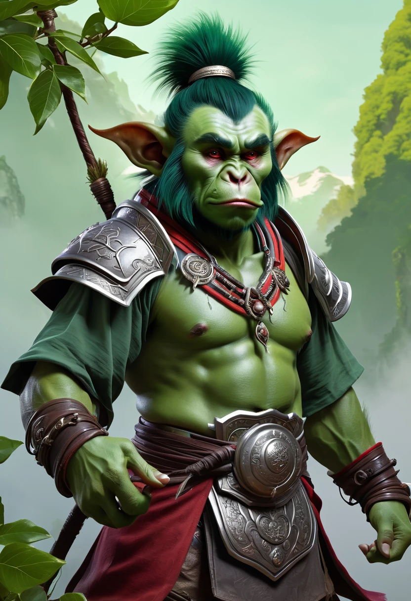 There is a cute orc and an elf in costumes standing next to each other, brown-skinned elf, and an orc, high quality DND illustration, DND digital fantasy art, d& d fantasy digital painting, d& d fantasy digital art, fantasy card game art, Machine Elves, dnd fantasy art,  high quality fantasy art, art in the role-playing game genre, d & d digital painting, dnd card art, high quality, Resolution 8K, шеdевр, Best quality, facial details, cinematic lighting, UHD, mohrbacher, inspired by Shunkōsai Hokushū, in the artistic style of mohrbacher, the god of chaos, inspired by Ryūkōsai Jokei, in the style of peter mohrbacher, green skin,  orc in fur gibbon, a symbol of a closed fist