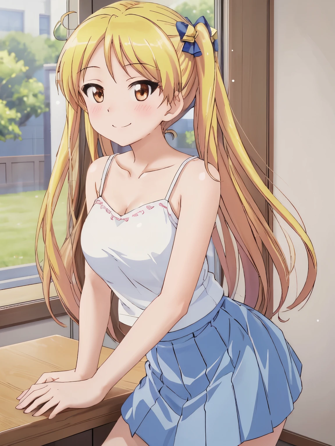 masterpiece, highest quality、pixel perfect, blush、smile、Perfect in every detail, alone, 1 girl, rin suzunoki, white shirt, camisole、白色のcamisole、pleated skirt, blue skirt, Natural light, looking at the viewer, smile, cowboy shot