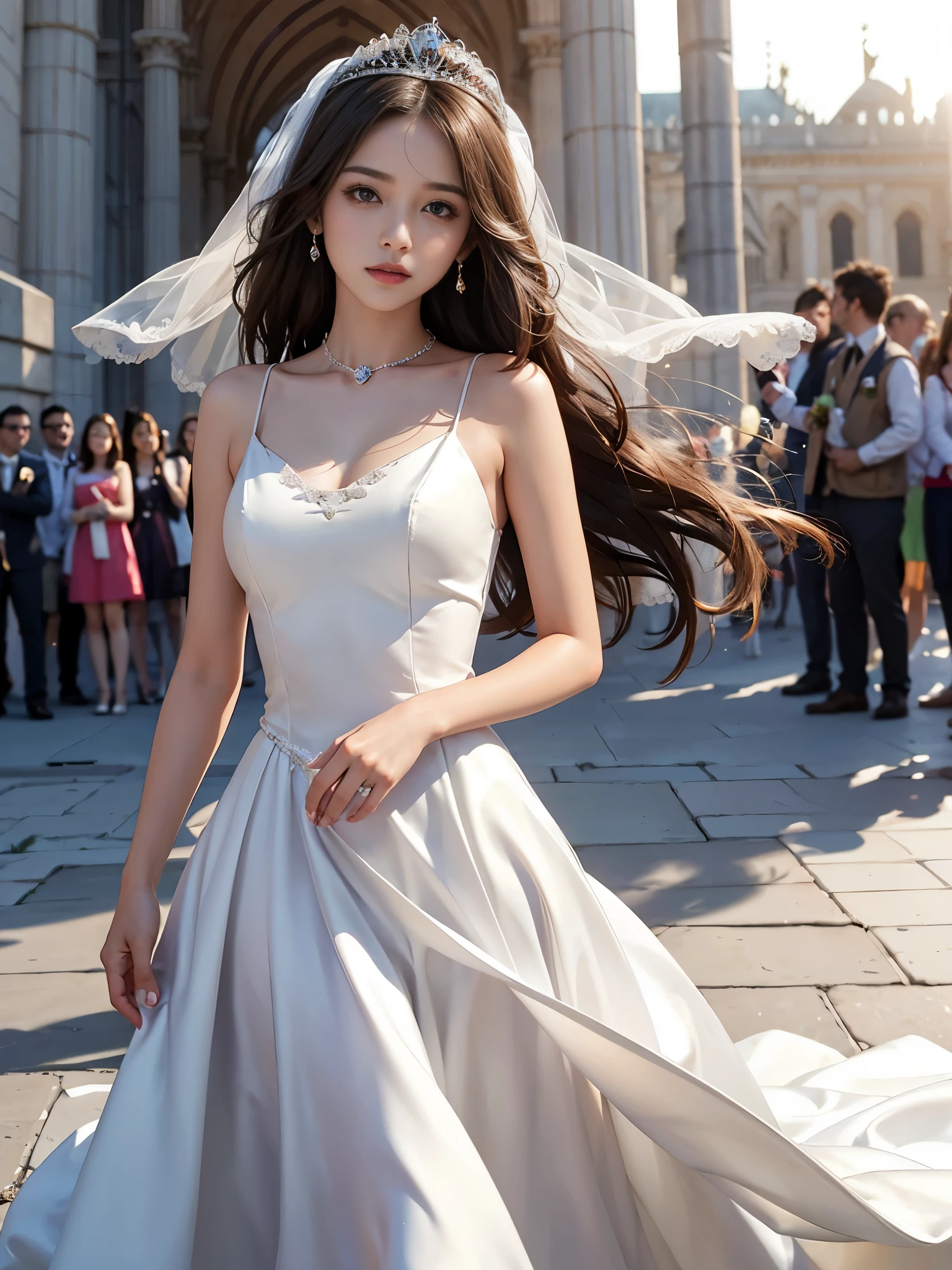 best quality, masterpiece, 1 girl, (yak), cute teen, shiny lips, sweet, sun glare, Conservative attire, wedding dress, bridal tiara, depth of field, blurred background, Cathedral Background, light particles, strong wind, head tilt, long hair,