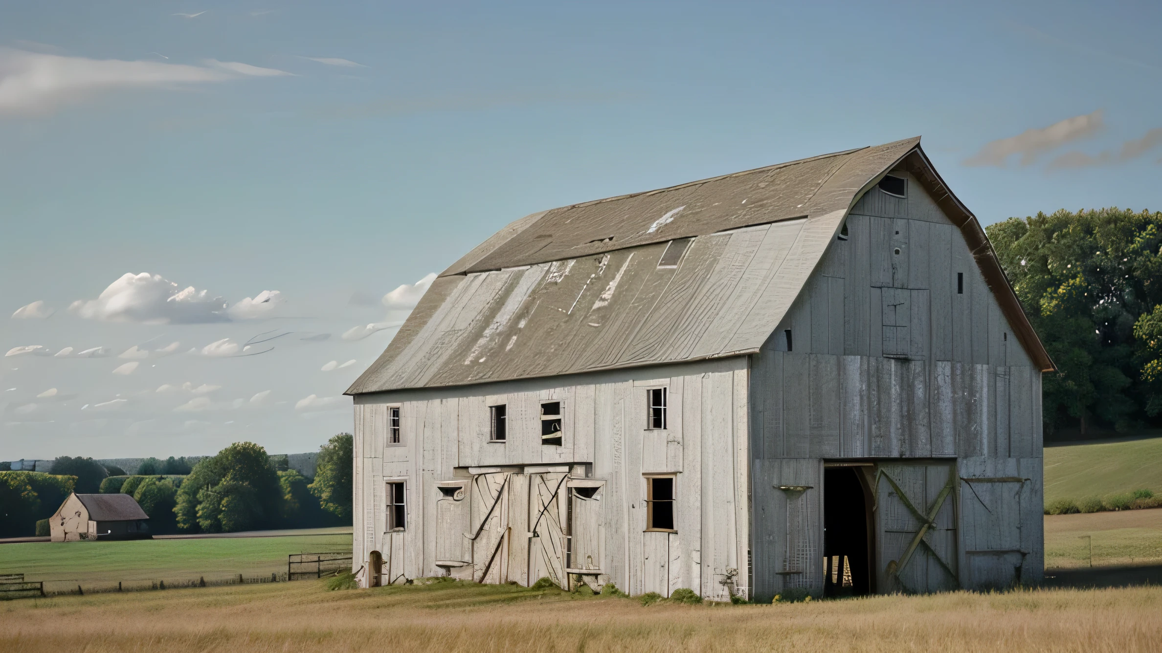 andrew wythe style, close up of old delapidated barn in a field, silo behind the barn