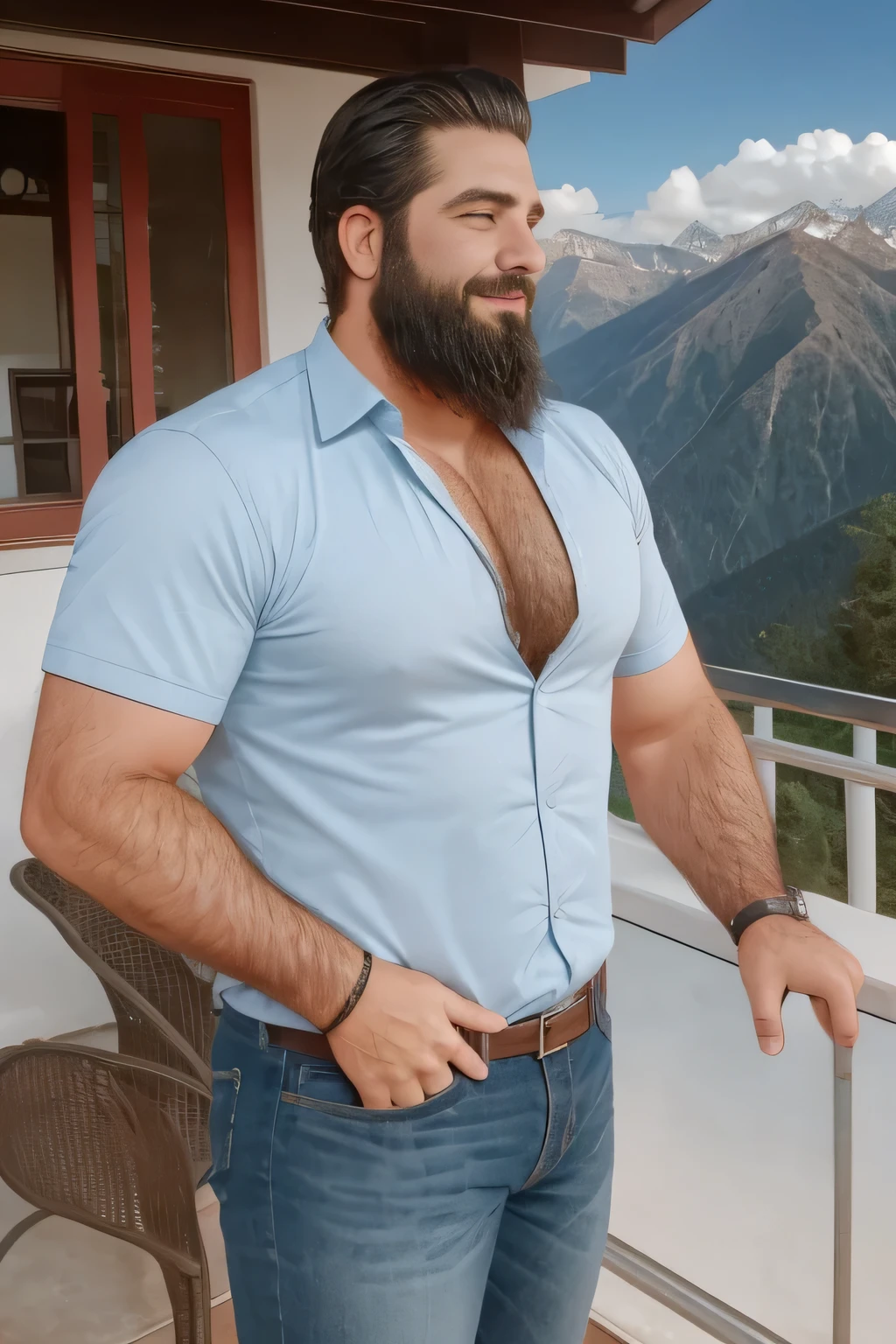 An illustration of a Greek god with a thin build and a thick beard................, designed in modern western attire................ Tiene una camisa blanca y jeans.............. His expression is confident and charming................, con un atisbo de sonrisa. The setting is a snowy mountain..............., evoking a classic cold atmosphere, sin dejar de mantener el aura poderosa y regia del dios.