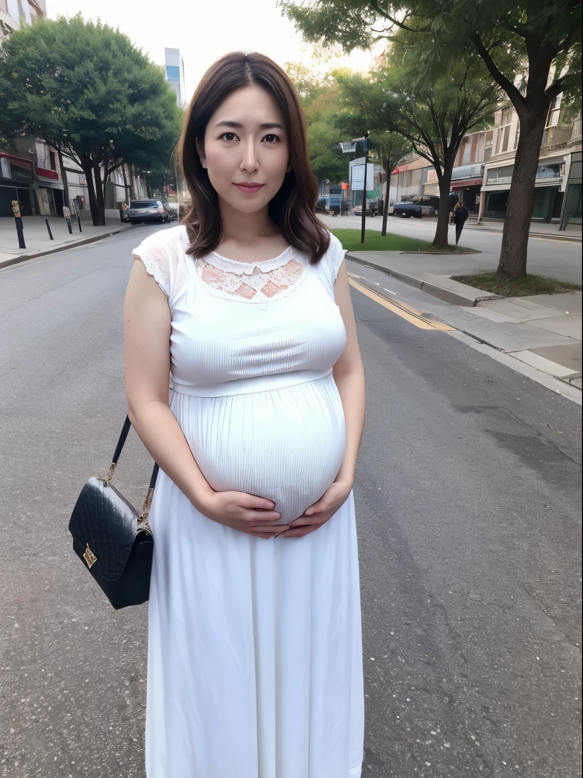 in 8K、Raw photography、Highest Quality、realisitic、Photorealsitic、Professional Lighting、​masterpiece、Very delicate and beautiful woman).A women in knits and long skirts, standing on the sidewalk in front of the park, with a handbag, Waiting for me and looking at the camera, 25 years old. A woman similar to Hitomi Kuroki, Has big breasts of J cup, ((huge pregnant)), annoyed look,embarrassed expression