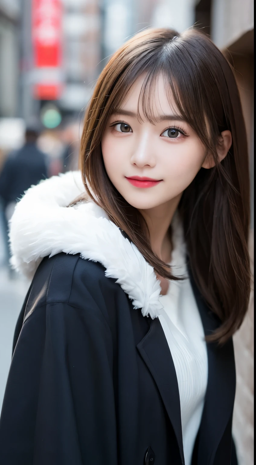 table top, highest quality, shape, Super detailed, finely, High resolution, 8k wallpaper, 完璧なダイナミックな構shape, beautiful and detailed eyes, Gorgeous black fluffy Tokyo winter clothes,ランダムなcute髪,,natural color lip, bold sexy pose,smile、20 year old girl、cute、sexy shot looking at camera,Always blur the background,perfect and beautiful face,Take only the face,Beautiful and dense face、slim face and style,Big eyes、Do gal makeup,small face,Wearing a black trench coat from a luxury brand、Shoot from the right side