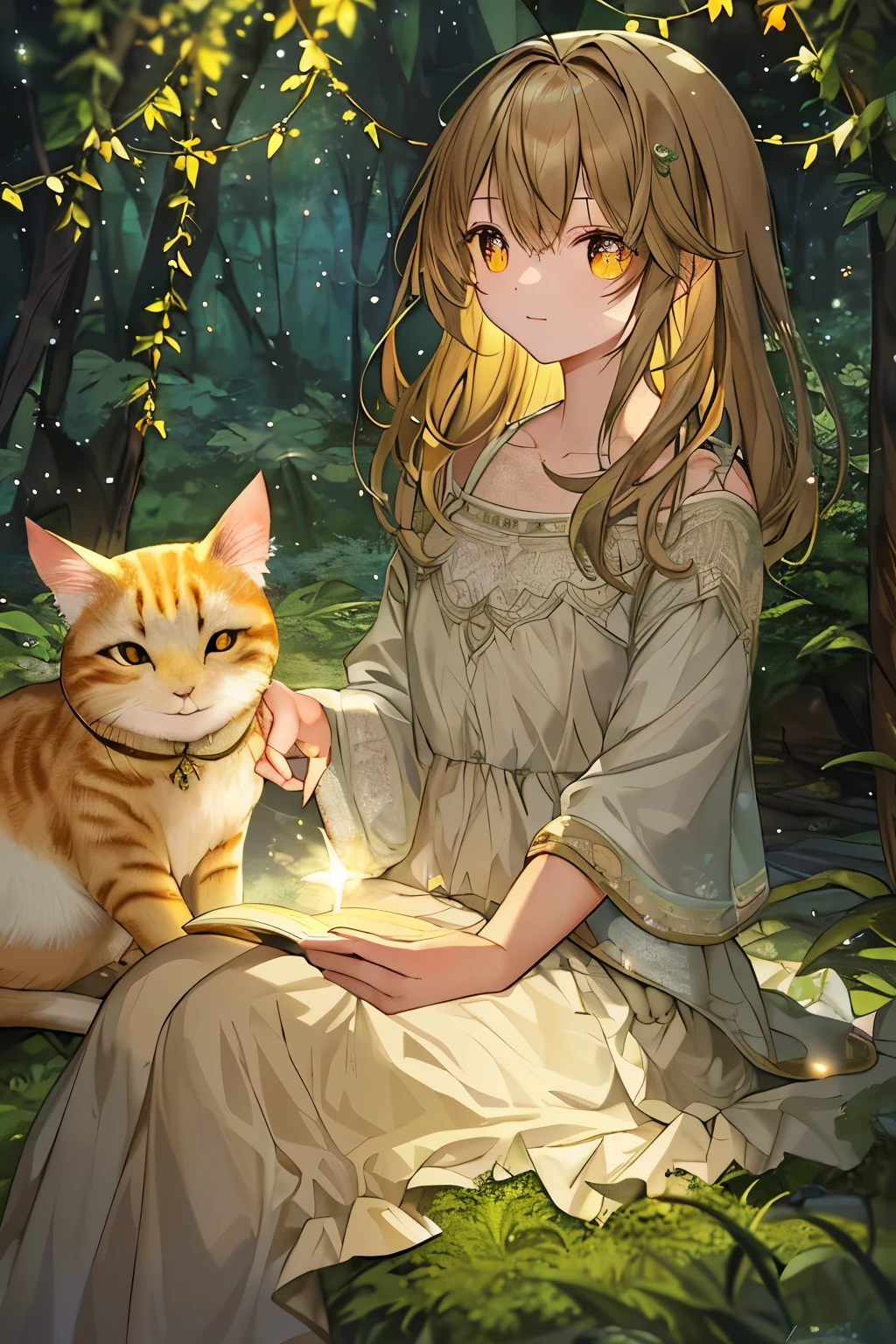 A little cat is nestled in the dreamy forest at night, enveloped by a mesmerizing dance of fireflies. The forest is bathed in an ethereal glow, casting a gentle light on the cat's soft fur. The cat's eyes are wide and sparkling with wonder and curiosity as it observes the magical spectacle around it. Its whiskers twitch, sensing the gentle breeze that rustles the leaves above. The scene is painted with intricate details, each firefly's light reflecting off the cat's fur and dewdrops that cling to the forest floor. A truly enchanting and beautiful moment in the heart of nature.