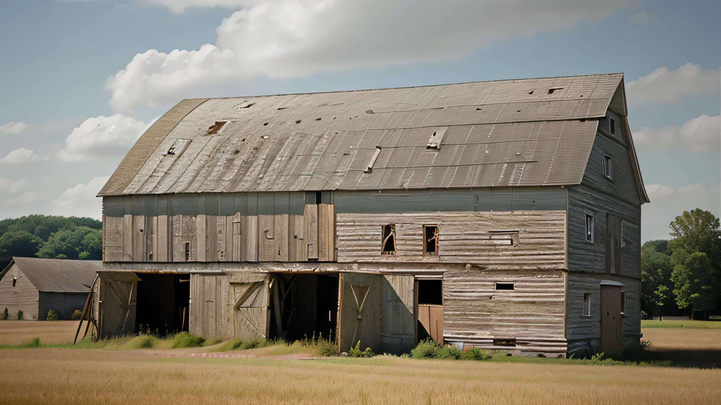 andrew wythe style, close up of old delapidated barn in a field, silo behind the barn