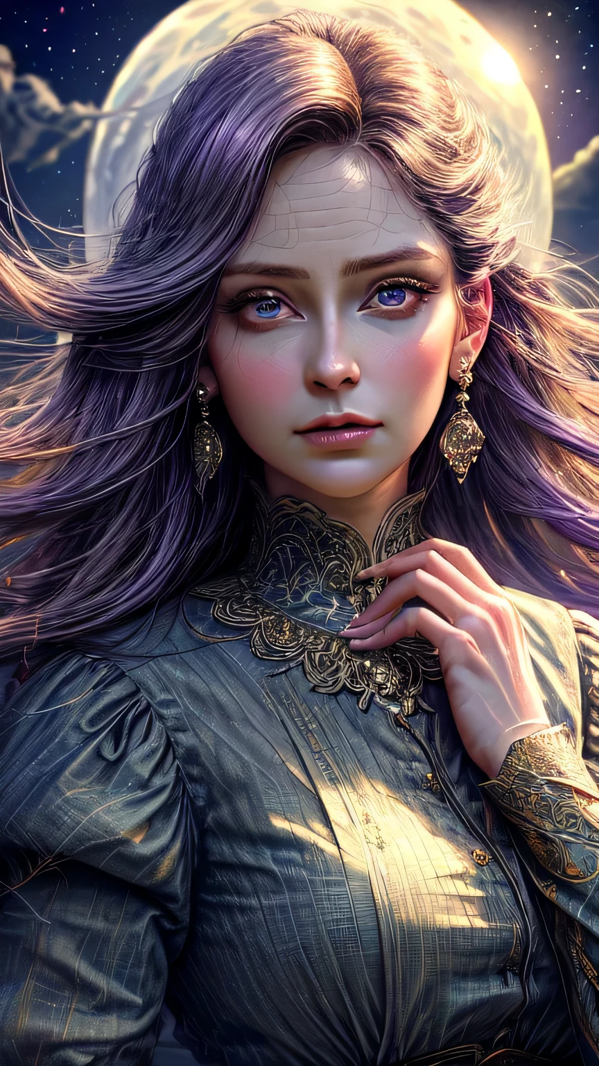 The bright eyes of a very beautiful princess, Portrait of a 35 year old mature woman, serious expression, Super realistic, Super detailed, Dynamic facial expressions, big natural breasts, pastel purple dress, detailed and beautiful eyes,beautiful detailed lips,highly detailed eyes and face,long eyelashes, detailed face, masterpiece, 最high quality, high quality, High resolution, (moonlit night background)