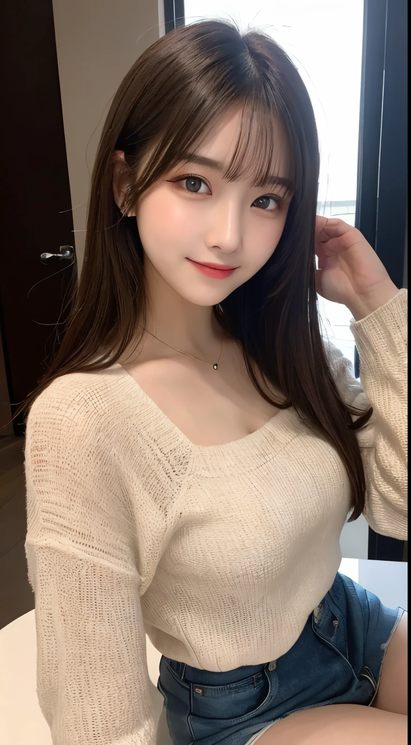 table top, highest quality, shape, Super detailed, finely, High resolution, 8k wallpaper, 完璧なダイナミックな構shape, beautiful and detailed eyes, straight hair, small breasts, natural color lip, random sexy pose,smile,20 year old girl、midnight、Beautiful and dense face、perfect and beautiful face,Big eyes、Raw photo、Expressing feminine poses with your whole body、beautiful and detailed eyes、small face、beautiful duplex、slim face and style,beautiful golden ratio face、long sleeve blouse、Check shorts、smile、Shoot from the right side