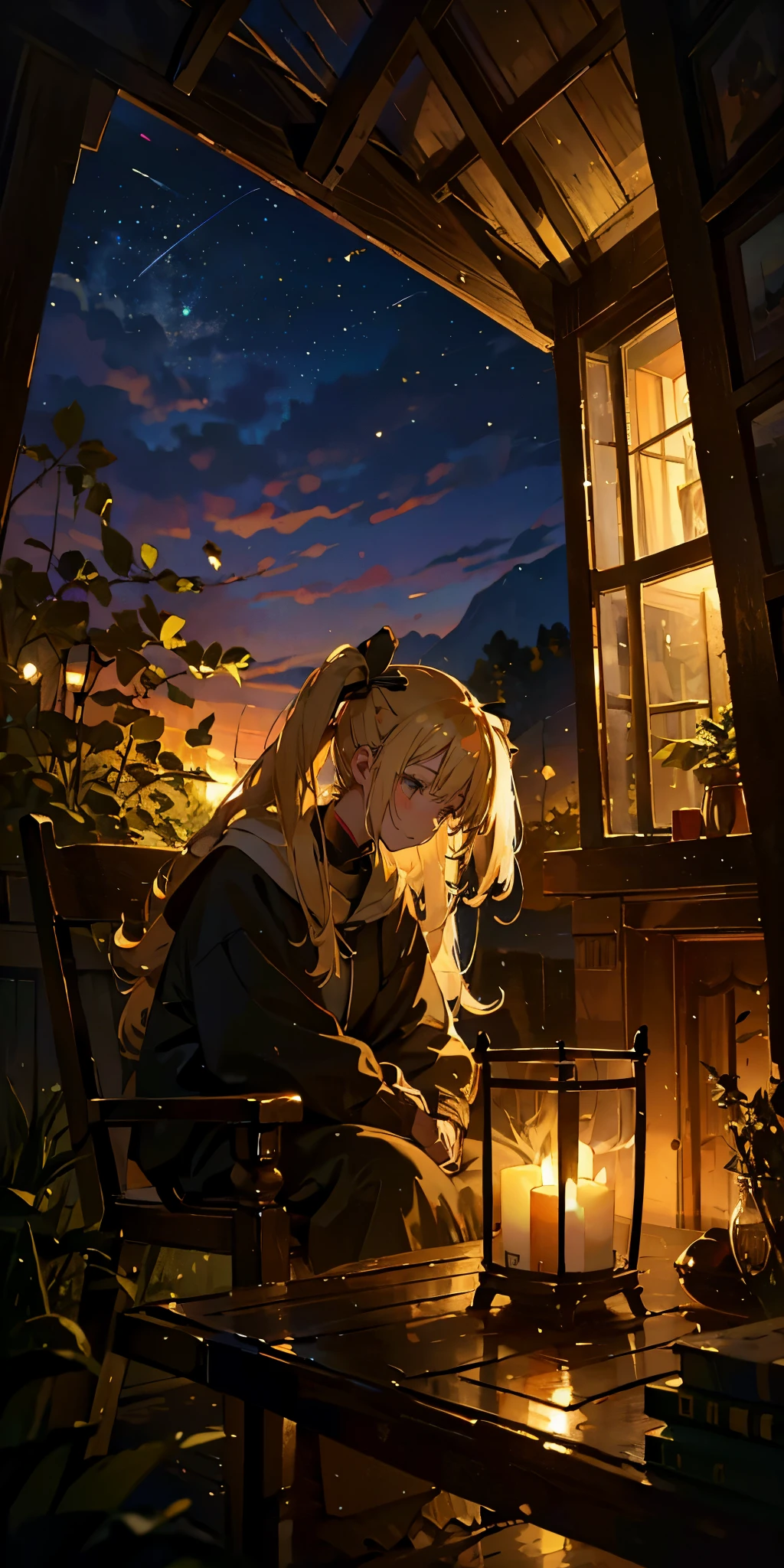 masterpiece, best quality, masterpiece, best quality, (((Top grade graphics))), (soft expression), cartoonish, sitting on a chair, sleeping woman with eyes closed, rough clothes, twin tails, sloppy appearance, mouth slightly open, looking happy Smile, bed, stuffed animal, night, (Nature in the window), semi-landscape painting, blonde hair, Treehouse, (fireplace), 