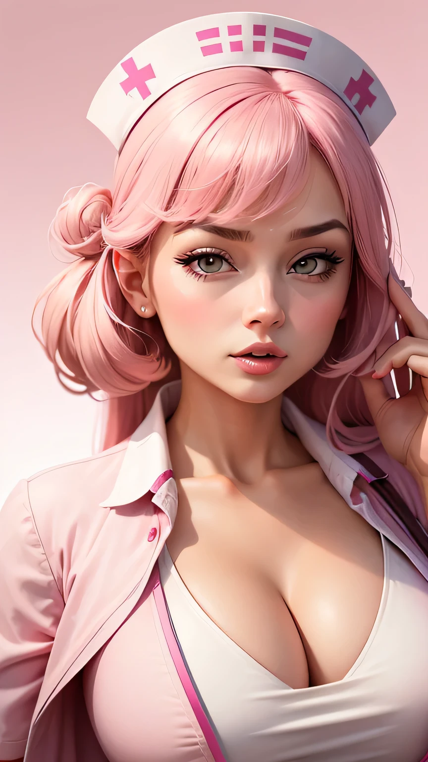 vector style image of nursing profession, with a girl dressed as a nurse, Pink nurse dress, white background, visible cleavage, long shot, looking at the viewer, horny expressions.