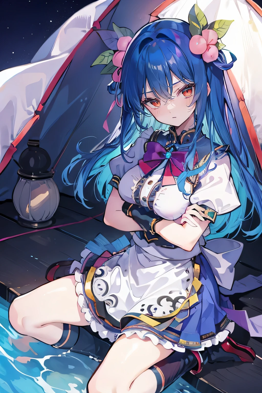 (masterpiece),best quality, expressive eyes, perfect face,sit, sit on ground, Legs on the ground, 1girl,
Big breasts, H cup, Good breasts, crossed arms, fair, Gorgeous,Japanese cartoons,girl,lola,Hina Angel, blue hair, blue haired,tent , tent chest, tent breast, floating clothes