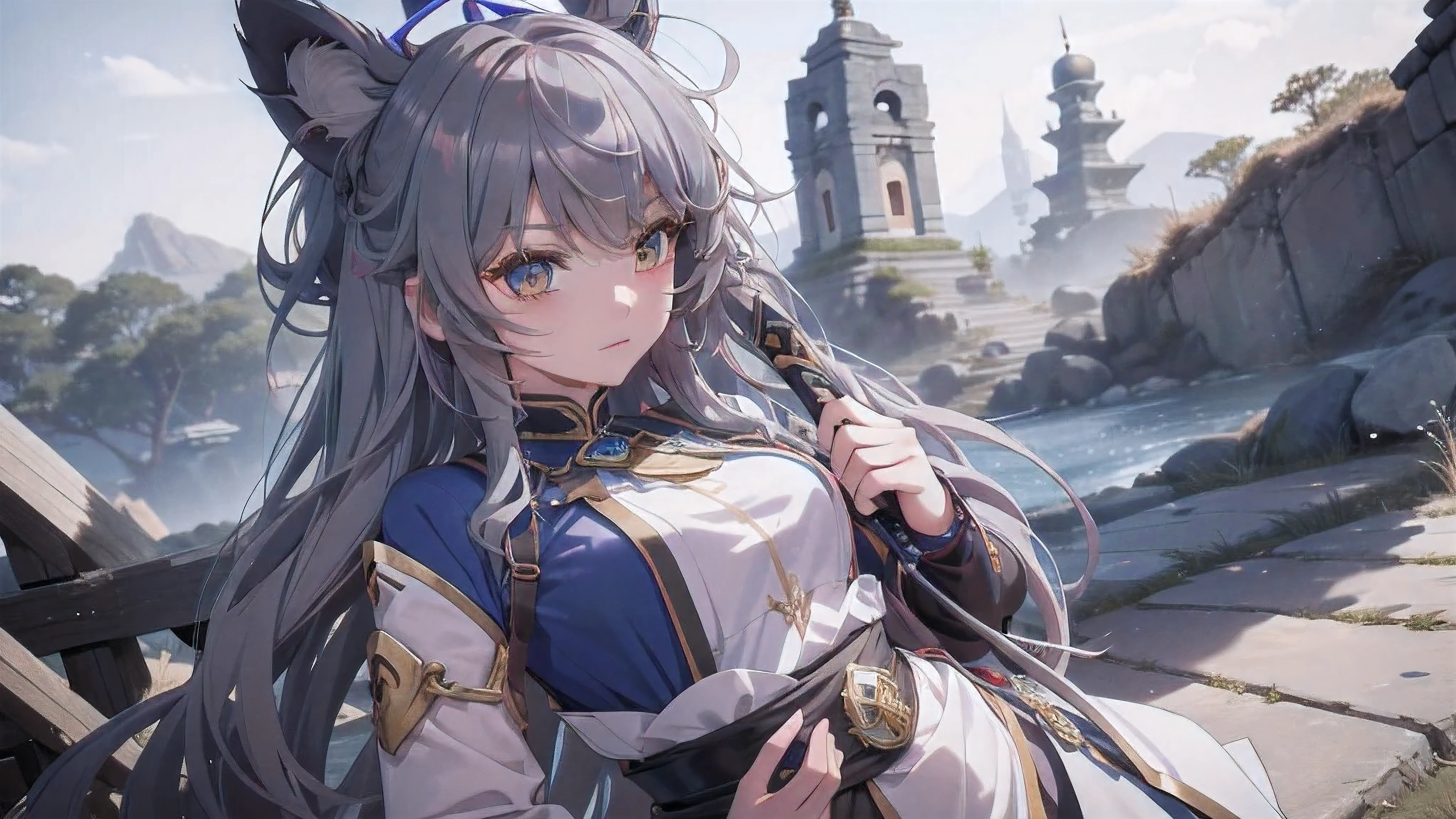 lily、gray hair、Fox、warrior、shrine、long hair、small breasts、highest quality、He has a sword at his waist.woman、small breasts
