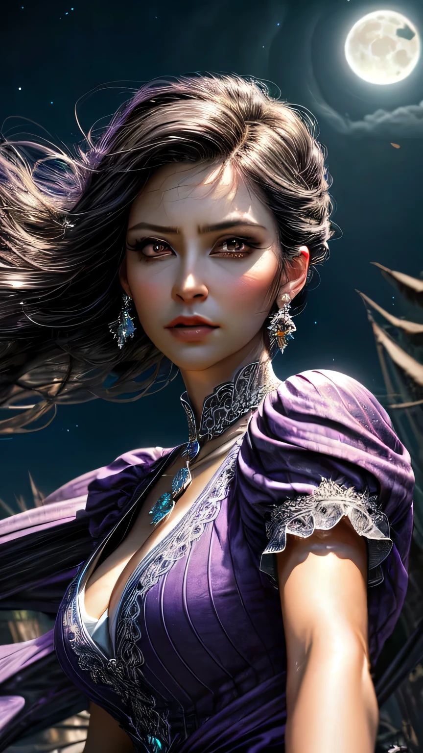 very beautiful princess black eyes, Portrait of a 35 year old mature woman, serious expression, Super realistic, Super detailed, Dynamic facial expressions, big natural breasts, pastel purple dress, Dense and beautiful black eyes, beautiful detailed lips, highly detailed eyes and face, long eyelashes, detailed face, masterpiece, 最high quality, high quality, High resolution, (moonlit night background), Here&#39;s your point of view、