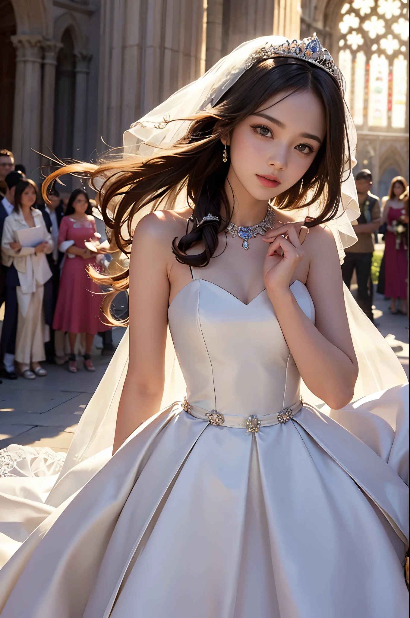 best quality, masterpiece, 1 girl, (yak), cute teen, shiny lips, sweet, sun glare, Conservative attire, wedding dress, bridal tiara, depth of field, blurred background, Cathedral Background, light particles, strong wind, head tilt, long hair,