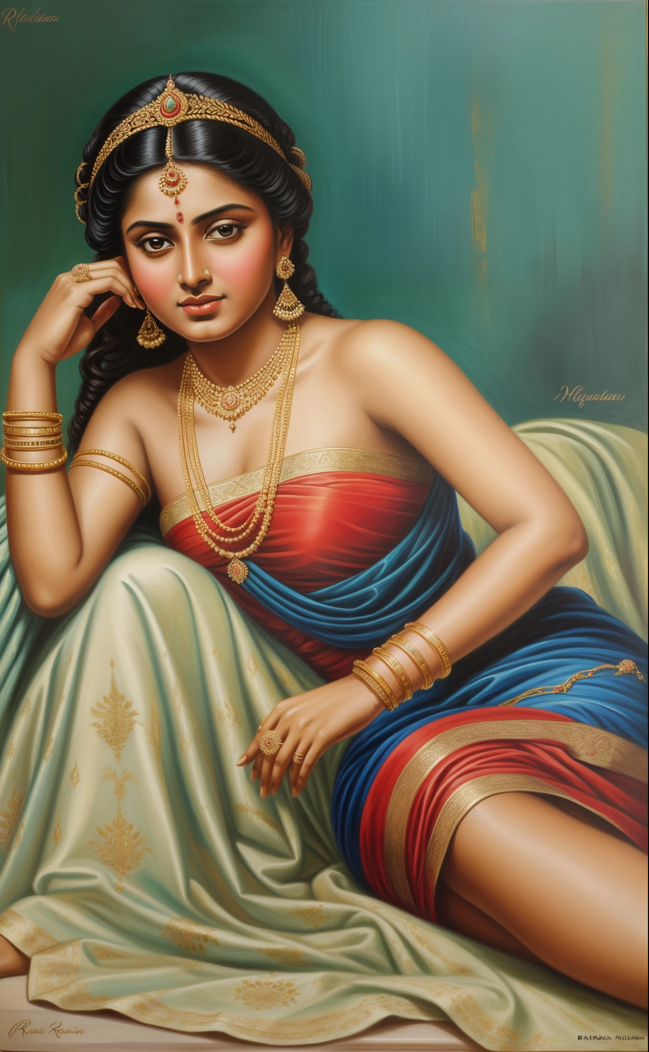 painting of a woman in a blue dress with a gold necklace, inspired by Raja Ravi Varma, by Raja Ravi Varma, portrait of a beautiful goddess, a stunning portrait of a goddess, portrait of modern darna, beautiful face , enchantress, ravishing beauty, perfect hands and fingers, charming, portrait of a goddess, indian girl with brown skin, portrait painting of a princess, gorgeous woman, oil painting of realistic woman, indian empress