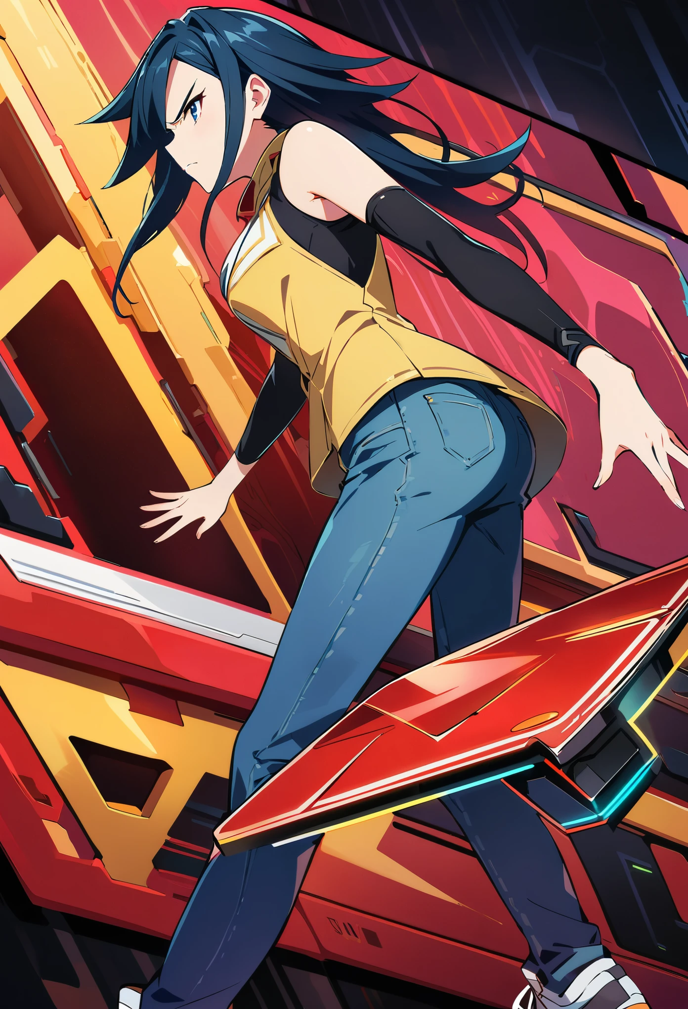 ((My character, Yu-Gi-Oh 5DS, Best quality: 1.5, A high resolution: 1.5, Ultra HD: 1.0, Detailed lighting: 1.2, Suggestive pose: 1.0), long hair, wavy, blue, in a duelist costume, red duel disc on belt, yellow sleeveless top, Jeans and sneakers, Lower body, three quarter view, side profile, serious expression, decisive look, (masterpiece: 1.0), (Computer animation: 1.0), 8K wallpaper.