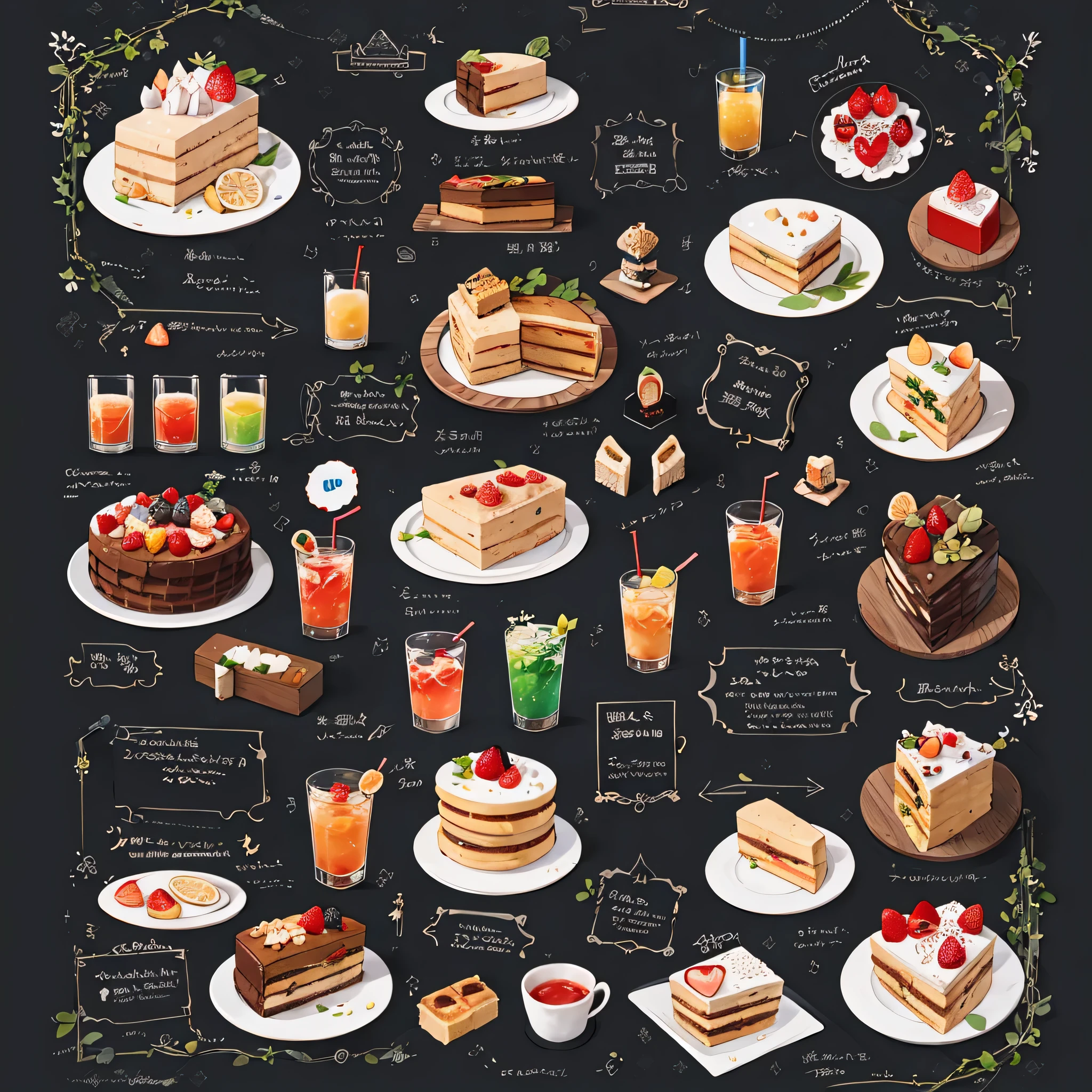 many,[waffle,Tost,cake,bread,Chocolate cakes and fruit cakes of various flavors，Cocktail drinks],many styles,fruity ,sticker,More ingredients,rich and colorful,full view,clear background, little by little , icon , pattern , more details