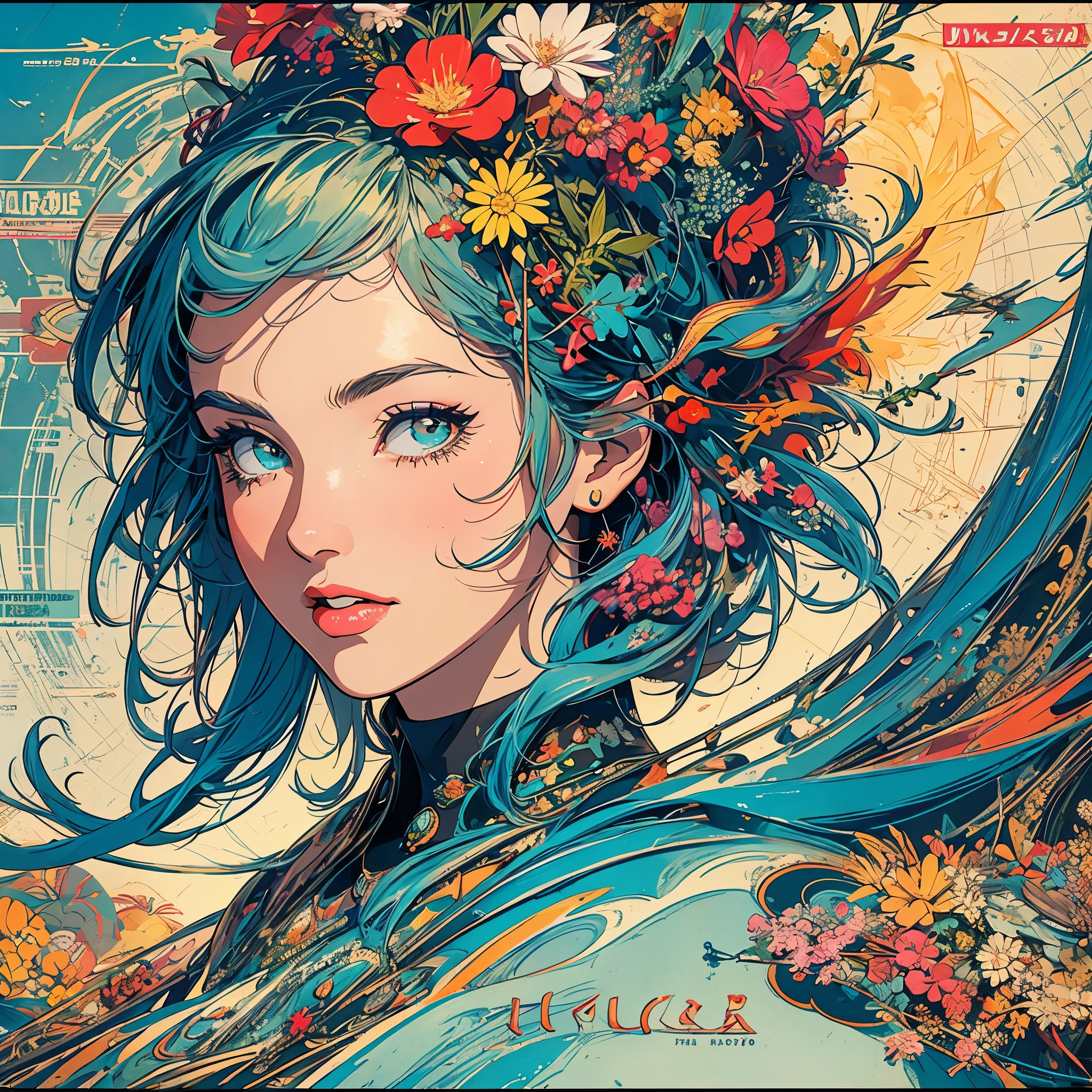 A woman with blue hair and flowers in her hair - SeaArt AI