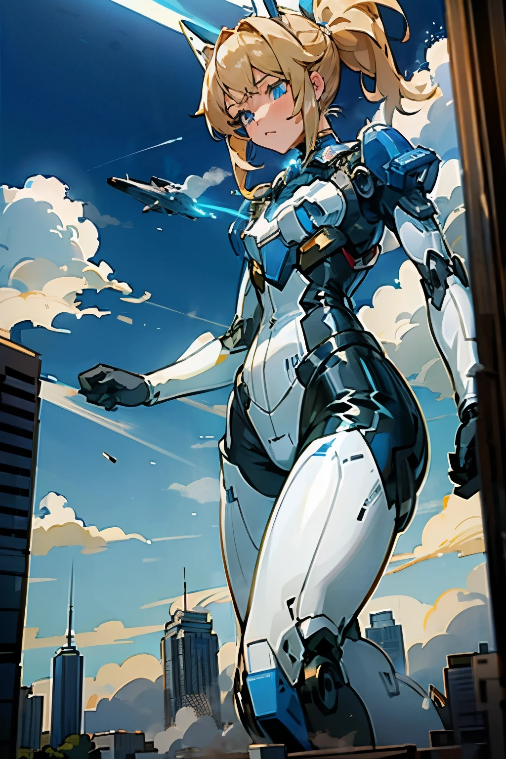 A very huge mecha girl towers over me, she is wearing a black and white bodysuit, The suit has blue energy lines, blonde, ponytail, blue eyes, a cloud hangs over her, small fighters around
