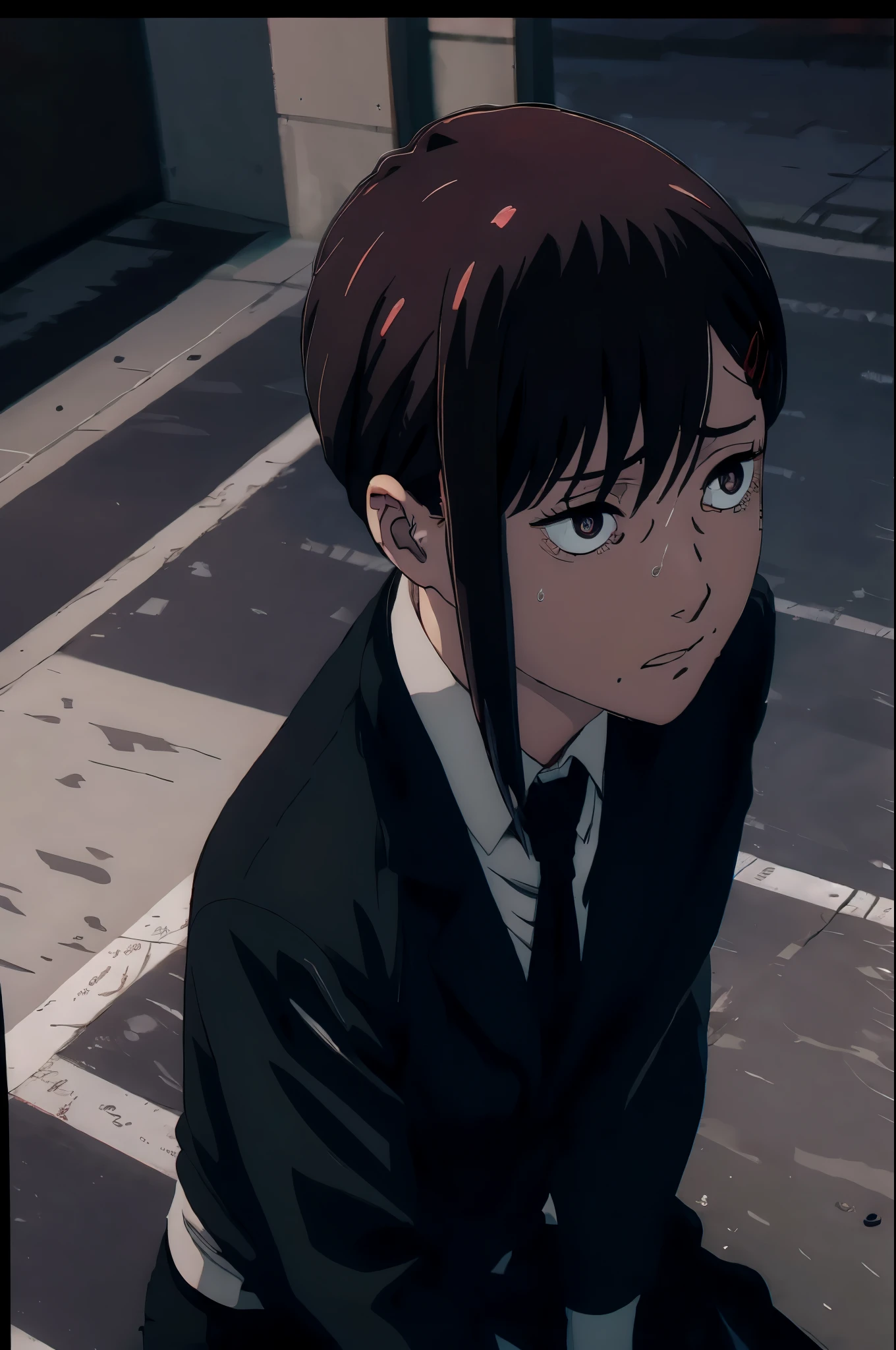 kobeni from chainsawman, black vivid eyes, with her iconic two red hair clips, sweating, wearing white long sleeve, black tie, black dark business pants, black suit, sitting, park setting, outdoors, panicking, windows, nighttime, full moon, street light illumination, closeup