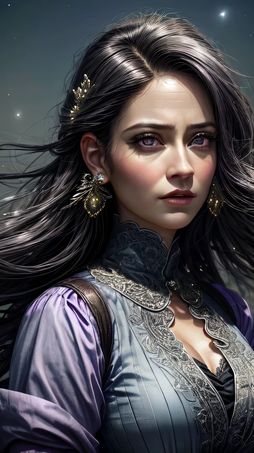 very beautiful princess black eyes, Portrait of a 35 year old mature woman, serious expression, Super realistic, Super detailed, Dynamic facial expressions, big natural breasts, pastel purple dress, Dense and beautiful black eyes, beautiful detailed lips, highly detailed eyes and face, long eyelashes, detailed face, masterpiece, 最high quality, high quality, High resolution, (moonlit night background), Here's your point of view、