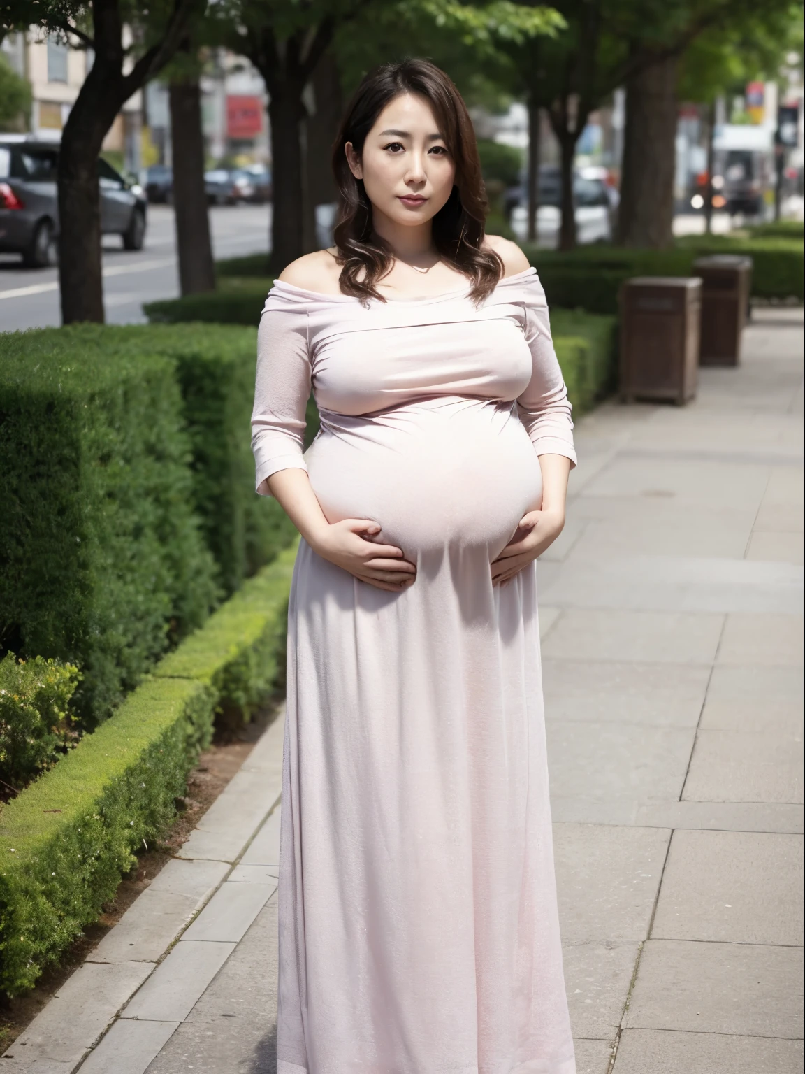 in 8K、Raw photography、Highest Quality、realisitic、Photorealsitic、Professional Lighting、masterpiece、Very delicate and beautiful woman).A women in knits and long skirts, standing on the sidewalk in front of the park, with a handbag, Waiting for me and looking at the camera, 25 years old. A woman similar to Hitomi Kuroki, Has big breasts of J cup, ((huge pregnant)), annoyed look,embarrassed expression