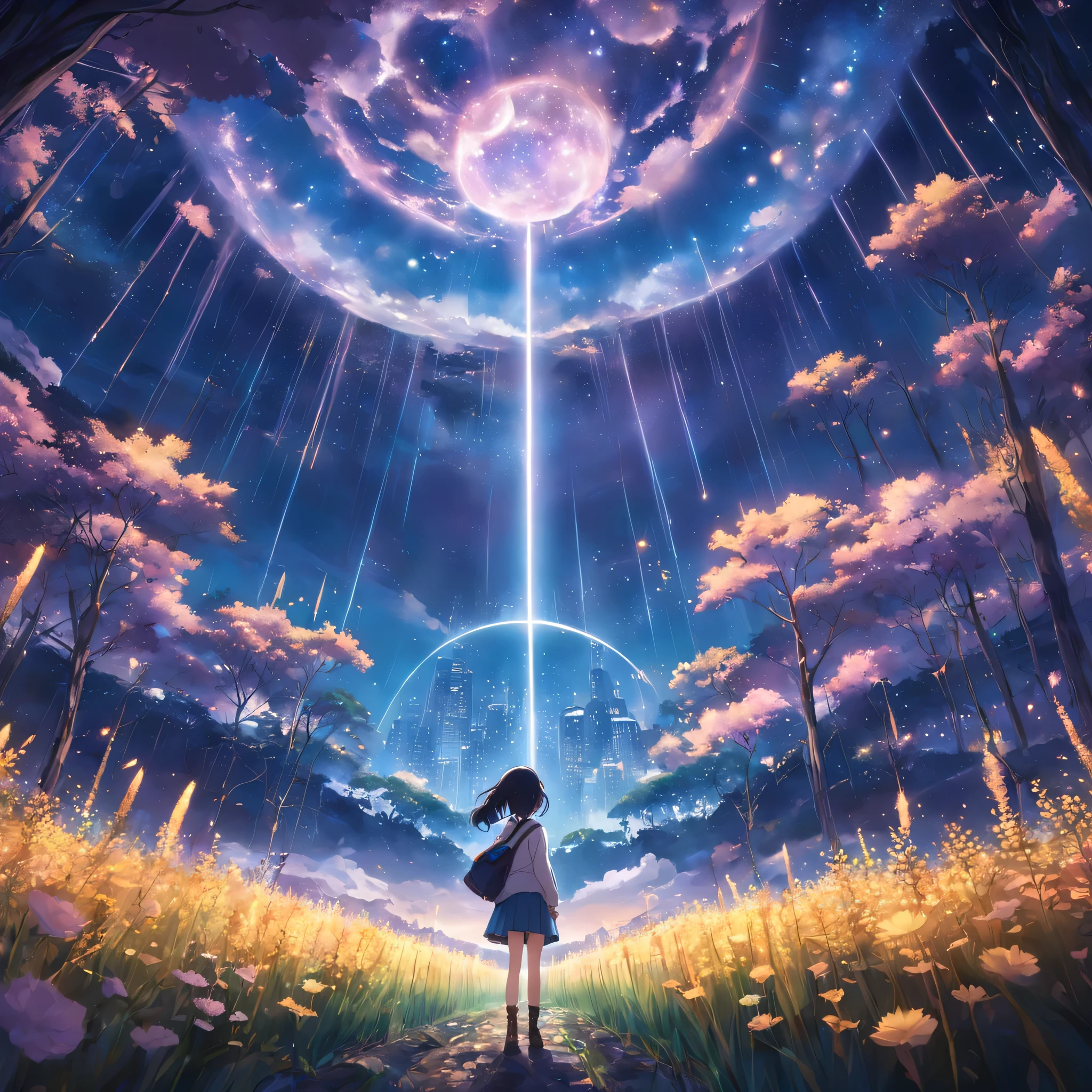 Makoto Shinkai, Expansive landscape photograph , (View from below,Displays the sky above and the clearing below), a girl standing on flower field looking up, (full moon:1.2), ( meteors:0.9), (Starcloud:1.3), Far Mountain, Tree BREAK Production Art, (Warm light source:1.2), (Firefly:1.2), lamp lights, Lots of purple and blue, Intricate details, Volumetric lighting BREAK (Masterpiece:1.2), (Best quality), 4K, Ultra-detailed, (Dynamic composition:1.4), Highly detailed, Colorful details,( Iridescent colors:1.2), (luminouslighting, Atmospheric lighting), Dreamy, magical, (Solo:1.2)