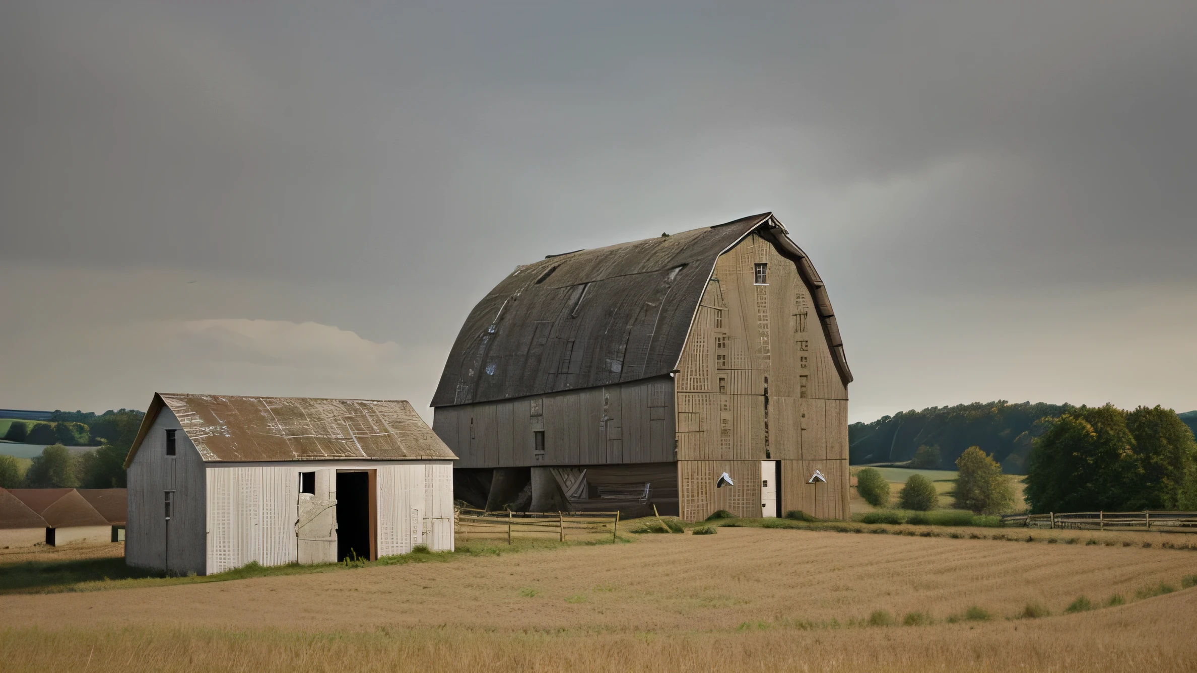 andrew wythe style, close up of very old delapidated barn in a field, silo behind the barn, barn is falling down