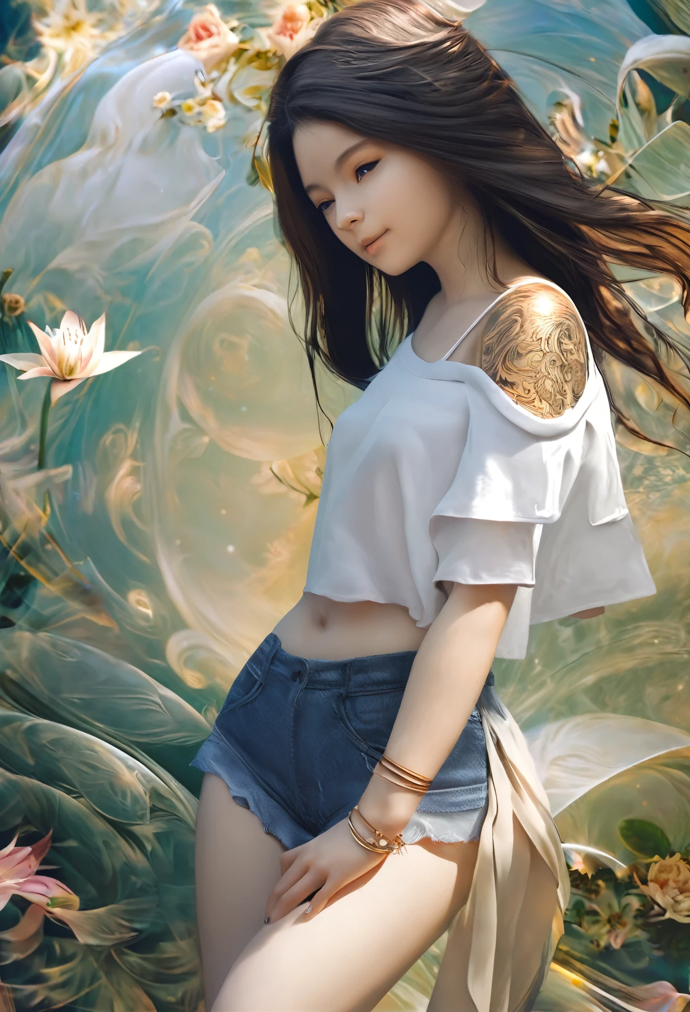 ((1 girl - solo, full length, waist-length, loose - relaxed pose, standing)), ((masterpiece, best quality: 1.3), (ultra detail: 1.3), (best quality, high resolution, photo realistic: 1.37)). ((Orange, pink, white, and green details), (girl, in flower-T tattoos, starry sky-white hair), (dark hair, shoulder length, long hair), (elegant body, dark stylish T-shirt , tech clothes: 1.1), (beautiful hands in jewelry bracelets, tattoos, (Rockstar)). ((Calm look, relaxed pose, standing)). ((Abstract background with lines and circles), (Technical background - abstraction), (high-tech), (many flowers - lilies), (flowers look amazing), mostly in light colors: (white, blue, yellow, gold)).((Best quality), (surrealism: 1.3), (masterpiece: 1.2) , (fantasy: 1.2, surrealism: 1.3), ((High resolution, sharp image), (best quality: 1.37), (realistic 3D visualization), (adjustments, soft light-shadow, flooded sunlight, contrast shadows – cold tones, warm soft light)). (Technical background - abstraction), (modern style, HD detail, cinematic, surrealism, Deep focus, ray tracing, Diffusion)).