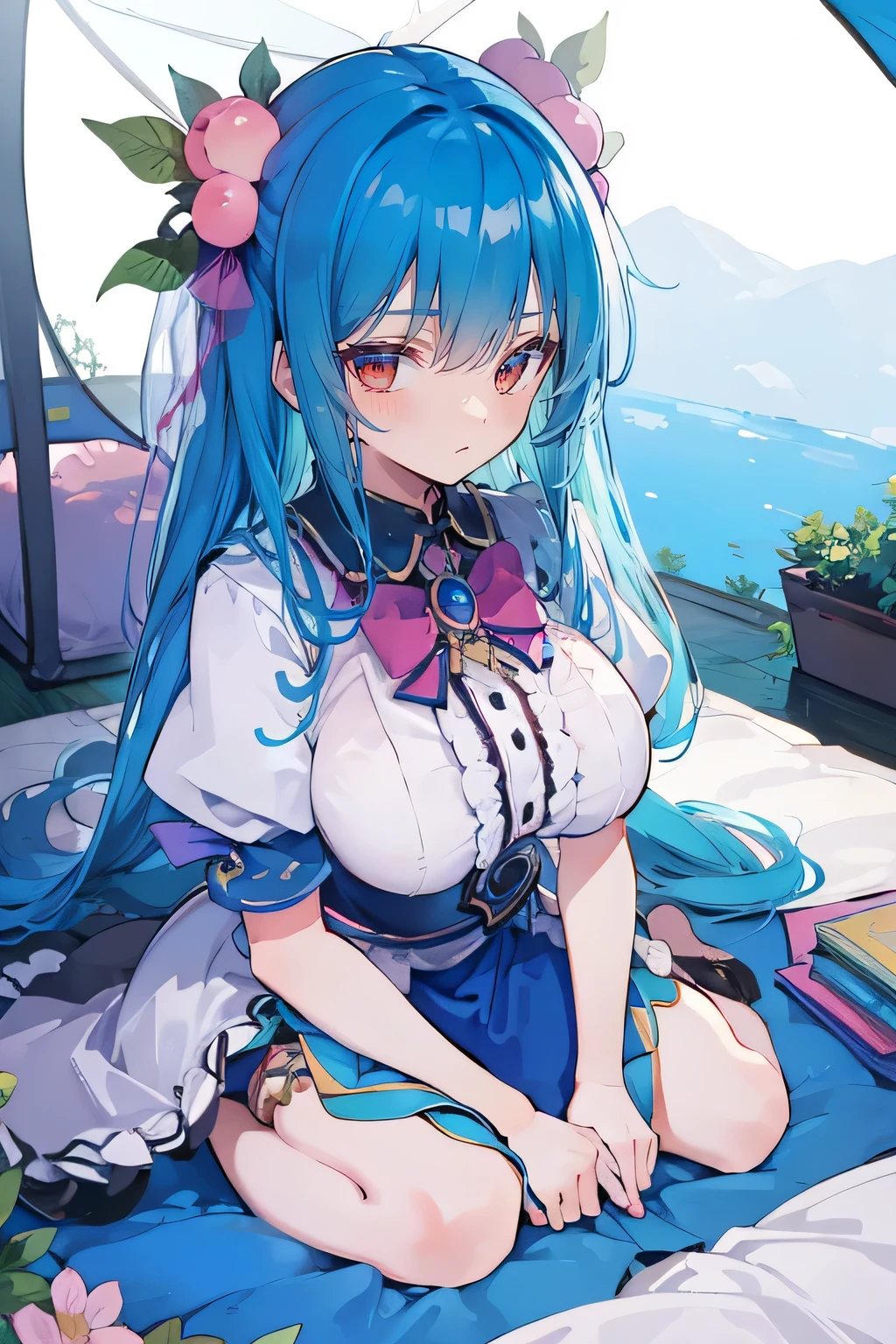 (masterpiece),best quality, expressive eyes, perfect face, 1girl,
Big breasts, H cup, Good breasts, Put your hands on your waist,fair, Gorgeous,Japanese cartoons,girl,lola,Hina Angel, blue hair, blue haired,tent , tent chest, tent breast, floating clothes