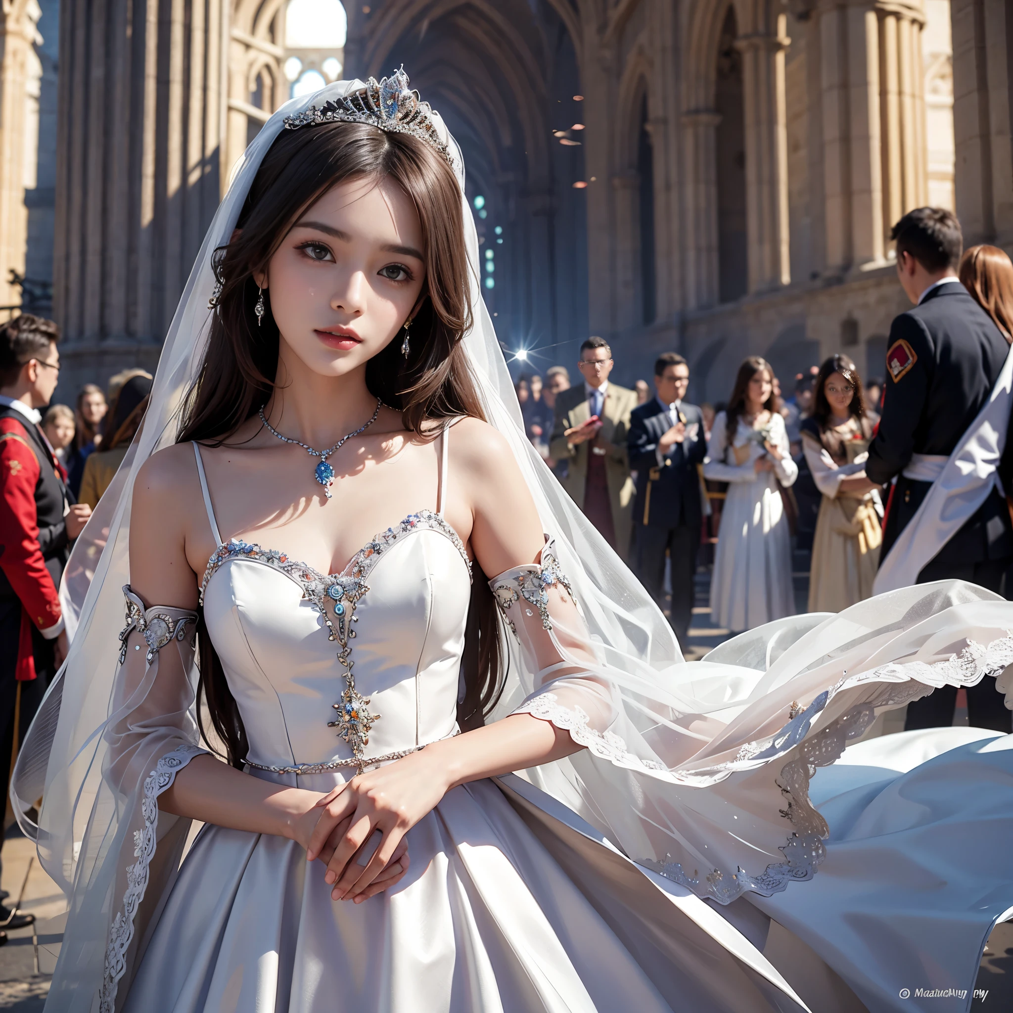 best quality, masterpiece, 1 girl, (yak), cute teen, shiny lips, sweet, sun glare, Conservative attire, beaded wedding dress, bridal tiara, depth of field, blurred background, Cathedral Background, light particles, strong wind, head tilt, long hair,