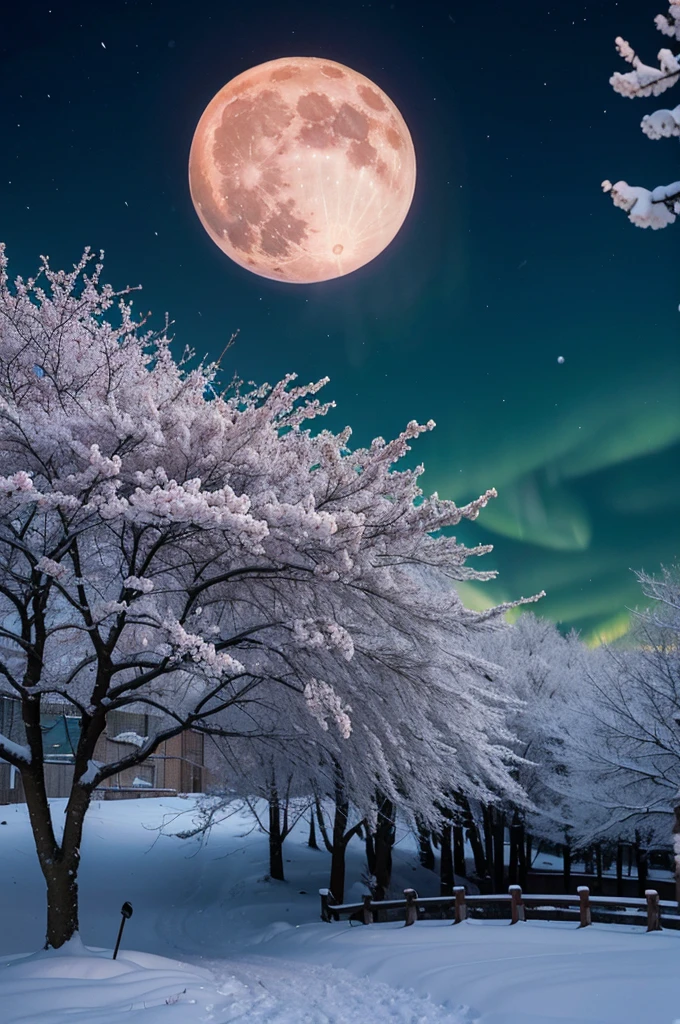 Snowy scenery and cherry blossom trees in full bloom、A very large moon and mysterious aurora in the night sky