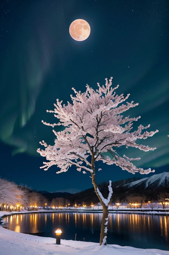 Snowy scenery and cherry blossom trees in full bloom、A very large moon and mysterious aurora in the night sky