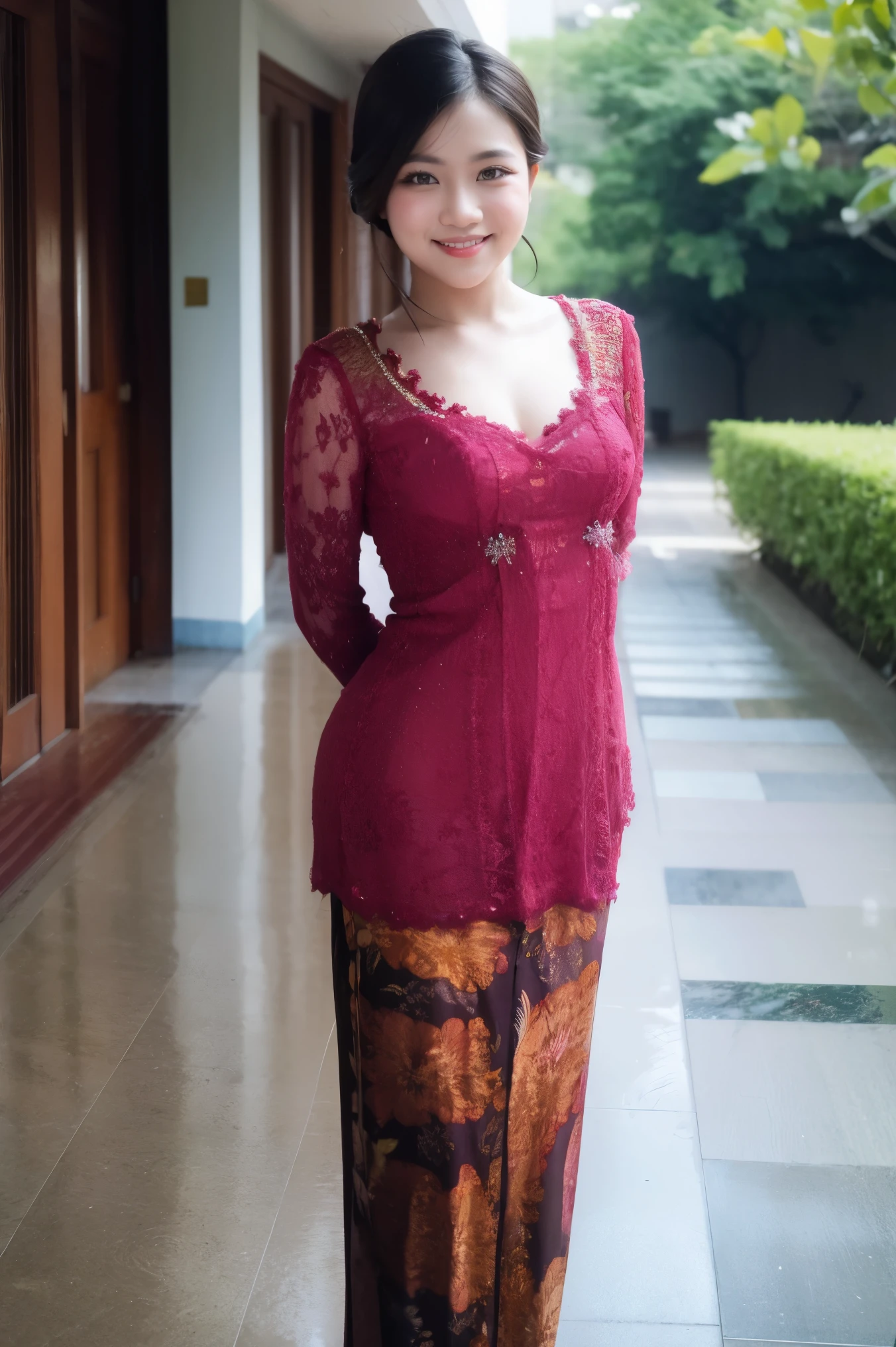 masterpiece, best quality, high quality, 1girl, solo, (((picture perfect))), (absurdres), standing, arms behind back, smile, park, indonesian girl, kebaya, kebaya indonesia